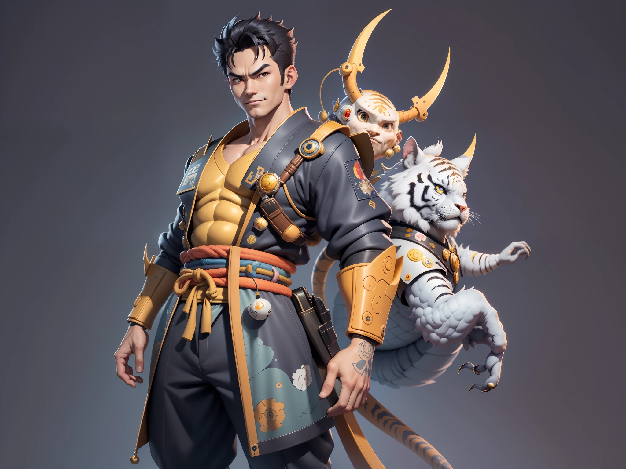 (Masterpiece), (Excellent), (Super Meticulous), (Full Body: 1.2), Super Young Man, Oriental Face, Japanese Kimono, Japanese Wind Thunder God, Dragon, Tiger, TV Anchor, Bust Portrait Illustration, Alone, Black Suit, Blue Tie, Slightly Chubby Face, Very Clean Face, No Beard, Black Super Short Hair, Black Eyes, Confident Smile, 3c Computer Sub-Products, iPad, iPhone, Digital Painting, 3D Character Design by Akira Toriyama and Mark Claireden and Pixar and Hayao Miyazaki, The illustration is a high-definition illustration in 4K resolution with very detailed facial features and cartoon-style visuals.