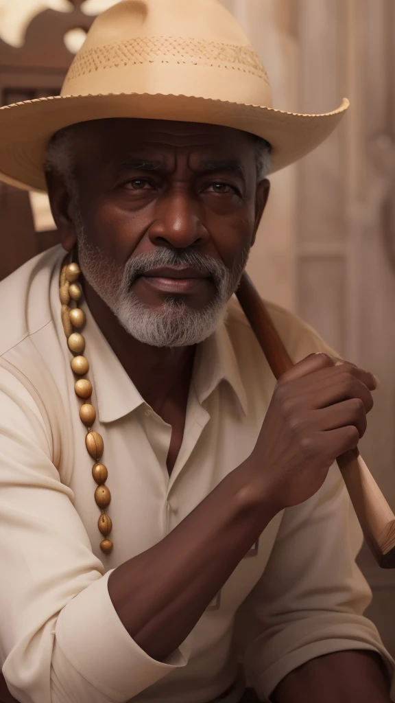 Crie a imagem um homem sexo masculino velho afrodescendente, extremamente perfeito, hiperrealista com a idade de 90 anos, olhos brilhantes, cansados e triste, pele negra, holding an extremely perfect brown wooden pipe rich in carved details Extremely wrinkled face with suffering appearance and humble short hair, crespo e grisalho, vestindo camisa simples branca velha e russa, very light white clothing with some tears and hole in the fabric with wooden crucifix necklaces with seeds and medal on the neck, rosto com rugas, hands with five fingers sitting on a small brown wooden bench in one of his hands an access candle. The decoration should be dark old clay wall, com luzes e uma atmosfera intimista e religiosa. dramatic lighting, digital art trending on Artstation 8k HD high definition detailed realistic, circunstanciado, textura da pele, hiper detalhado, textura de pele realista, armadura, melhor qualidade, ultra high-resolution, (fotorrealista:1.4), high resolution, circunstanciado, Foto RAW, sharp re, by Lee Jeffries Nikon D850 film Stock Photography 4 Kodak Portra 400 camera F1.6 lens rich colors hyper realistic lifelike texture dramatic lighting unrealengine trending on artstation cinestill 800,