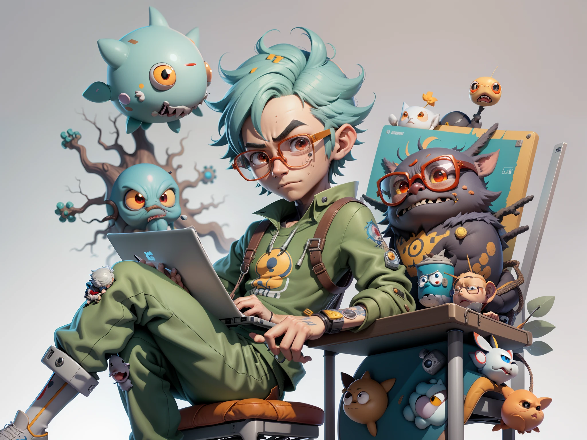 A young man with glasses sits at his desk，holding laptop，digitial painting，3D character design by Mark Clairen and Pixar and Hayao Miyazaki and Akira Toriyama，4K HD illustration，Very detailed facial features and cartoon-style visuals。