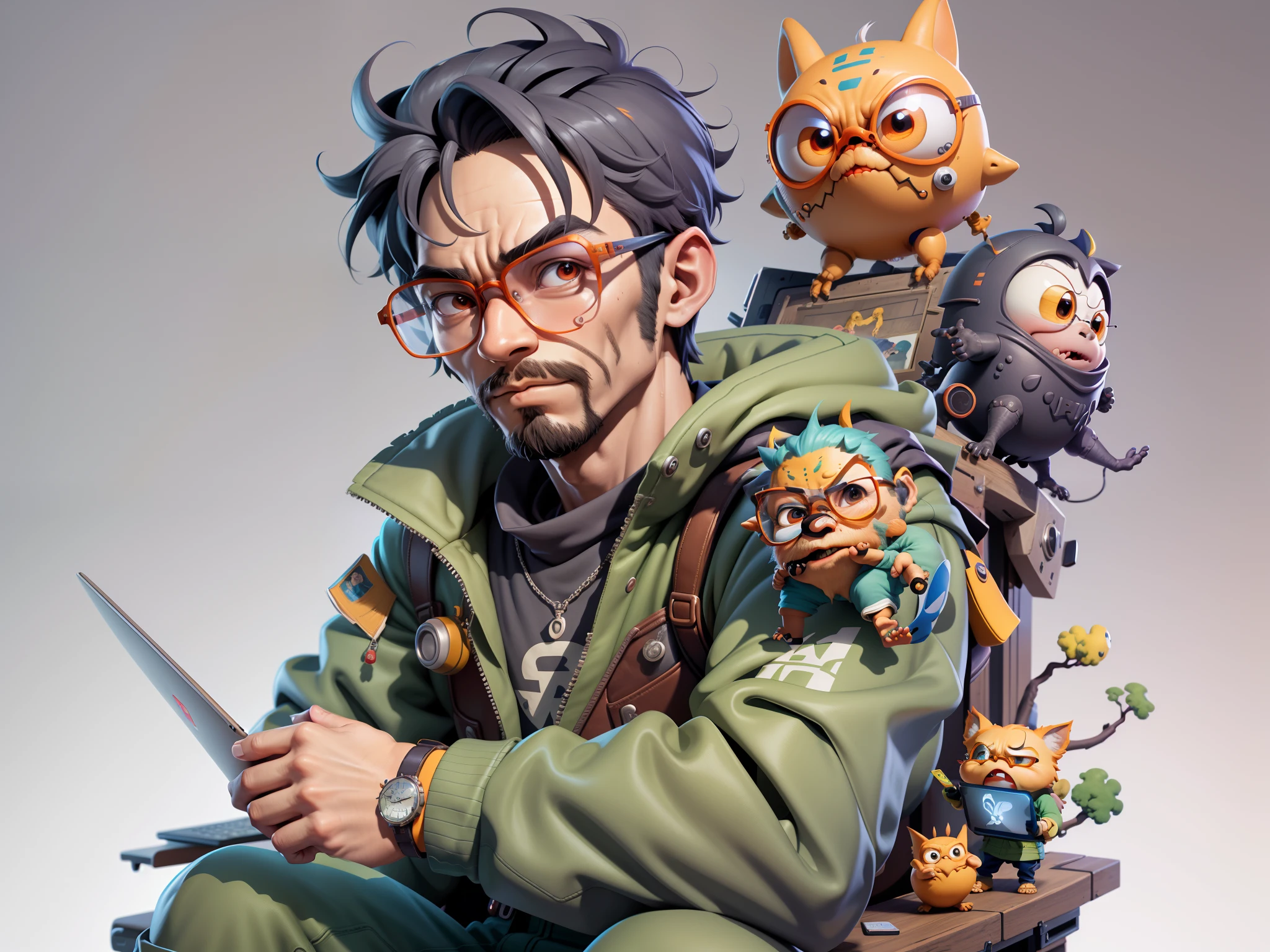 A young man with glasses sits at his desk，holding laptop，digitial painting，3D character design by Mark Clairen and Pixar and Hayao Miyazaki and Akira Toriyama，4K HD illustration，Very detailed facial features and cartoon-style visuals。