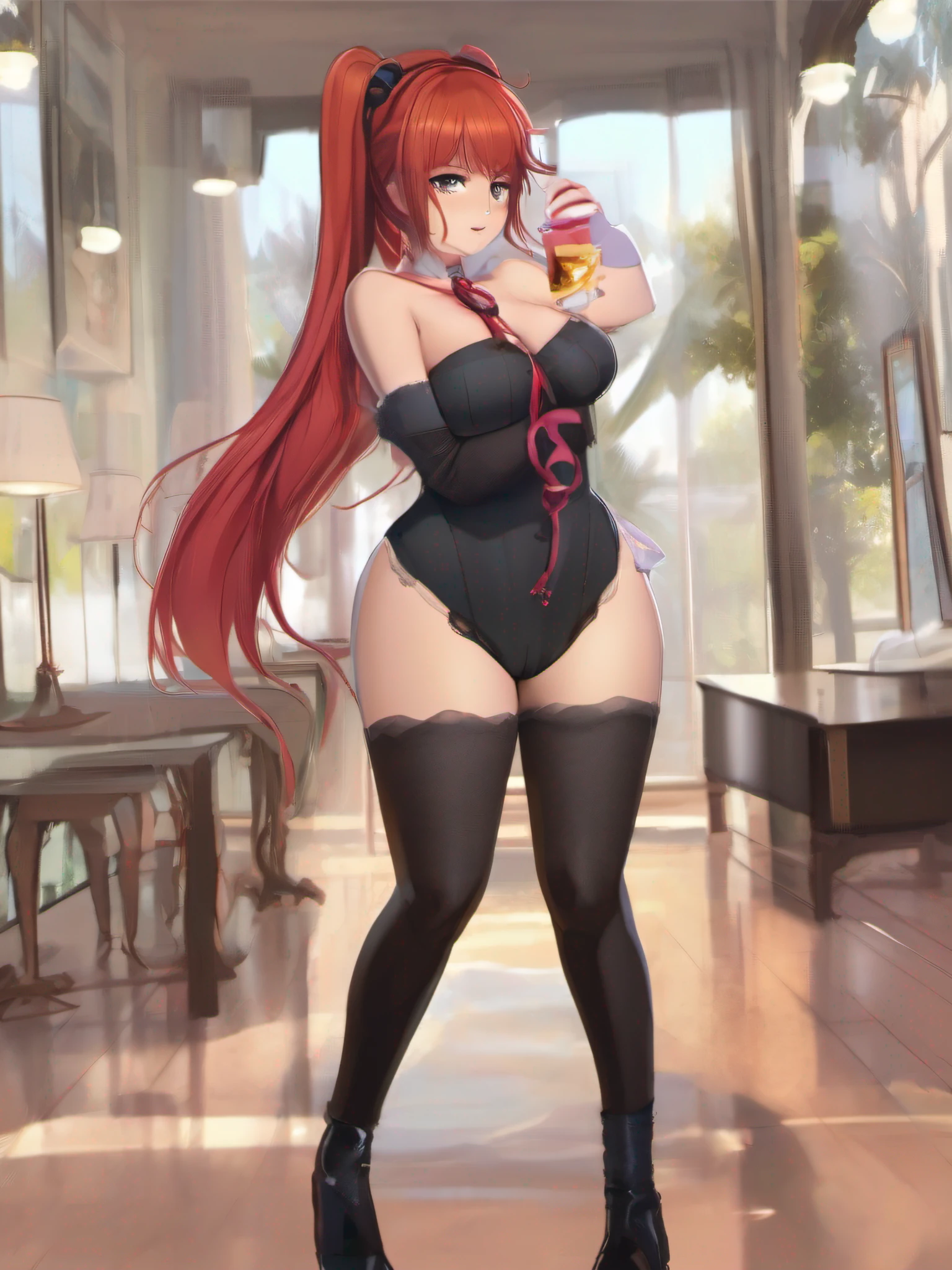 ((1 Latino ????? mature)) blunt bangs, hair ribbon, twin tails, perfect female figure, looking at viewer (????? : 1.4), (natural ???????:1.0), (strong thighs:1.2), (huge thighs:1.0), (thigh highs:1.2), (curvy:1.3), ( cult:1.5),(ahego:1.5), (cross-eyed:1.0), (muscular:1.0), open mouth, out of breath,(curvy red hair:1.4), wide ????, tight body, collar, long thick eyelashes, exposed realistic , exposed realistic