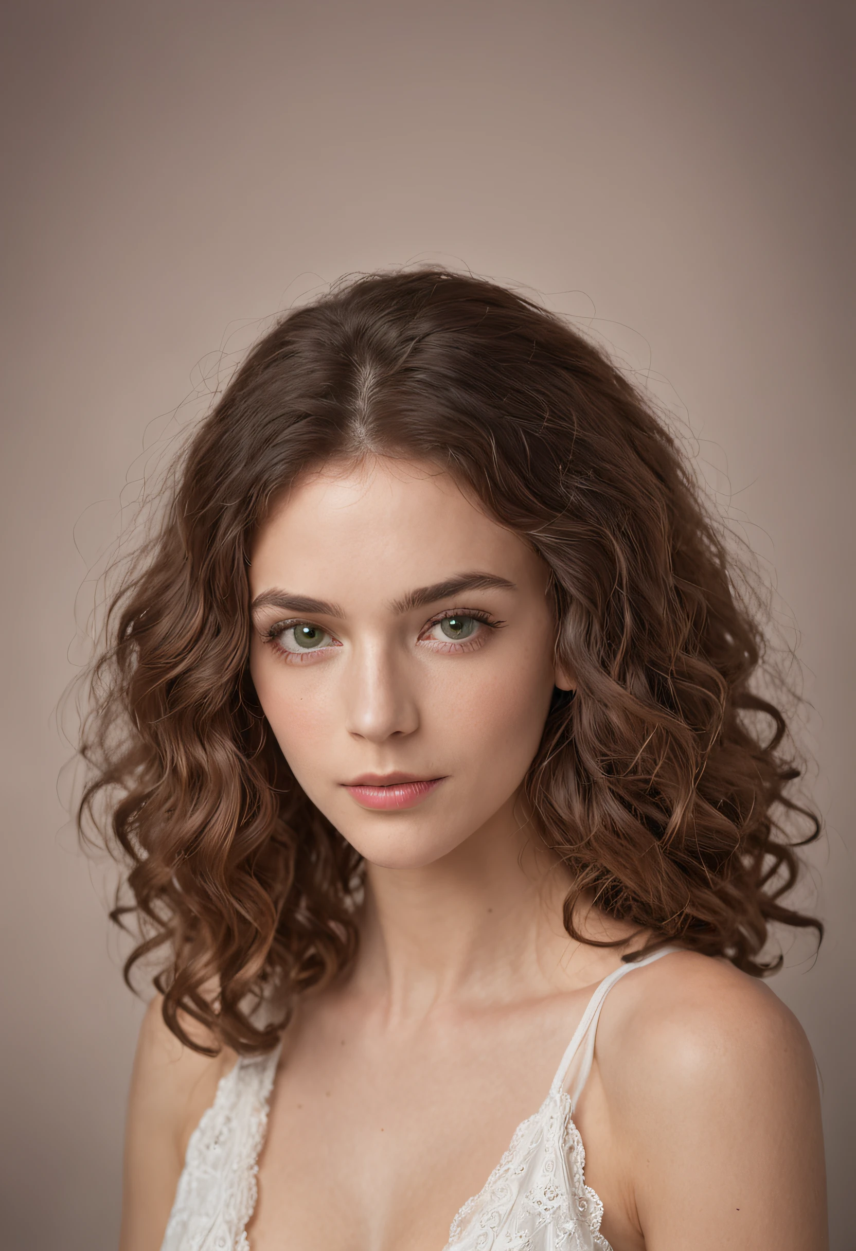 masterpiece studio portrait of a beautiful 24 year old french woman, she is a curly haired bushy brunette, shy expression, green eyes, Front face Professional color grading, sombras suaves, sem contraste, clean sharp focus, cinematic movie photograph