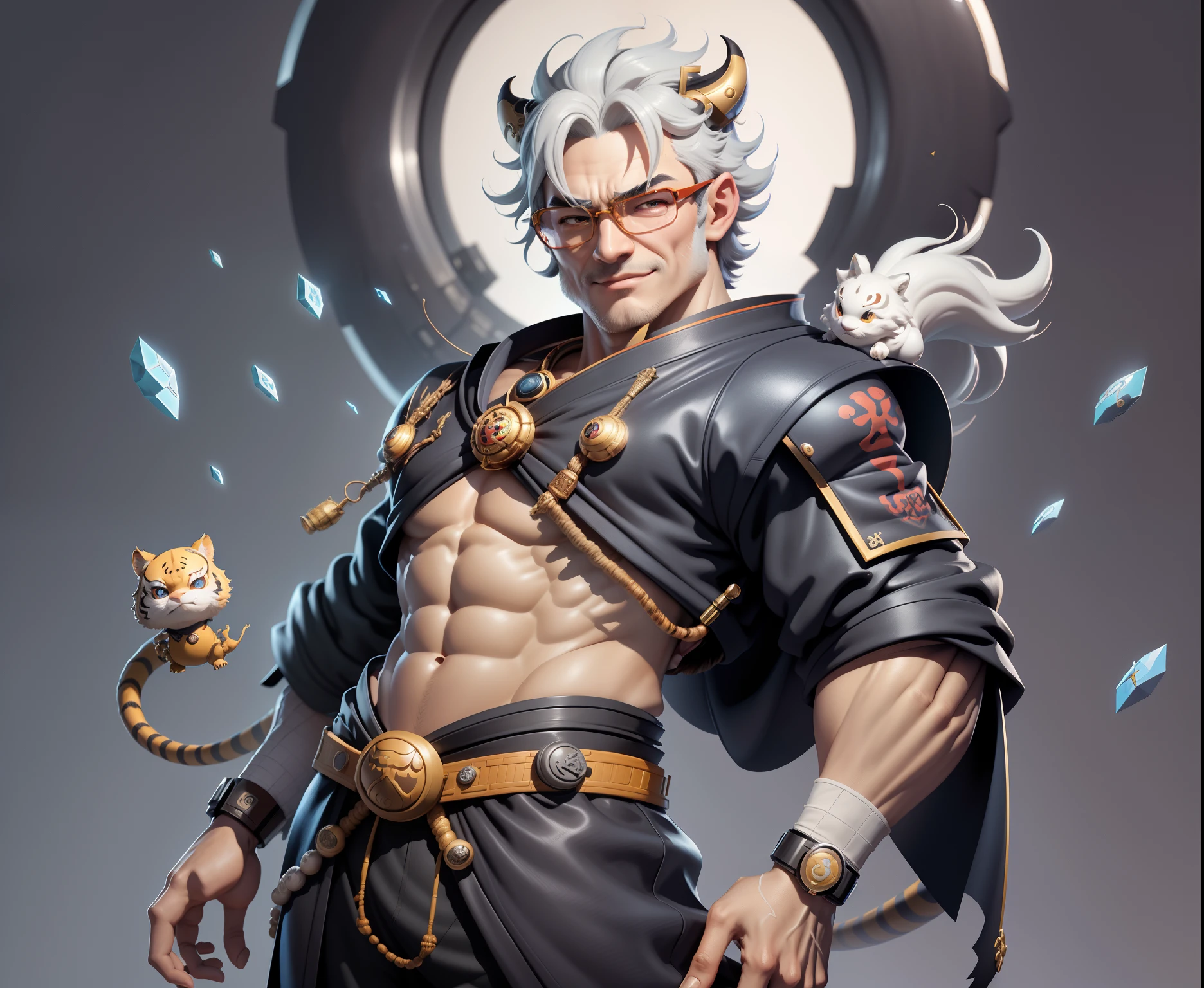 (Masterpiece), (Excellent), (Super Meticulous), (Full Body: 1.2), Super Young Man with Japanese Female Geisha, Pretty, Beautiful, Chinese Dragon, Tiger, Wind God Thor, Sexy, Bursting, Oriental Face, TV Anchor, Bust Portrait Illustration, Black Suit, Blue Tie, Slightly Chubby Face, Silver Glasses, Very Clean Face, No Beard on Chin, Black Super Short Hair, Black Eyes, Confident Smile, 3c Computer Sub-Products, iPad, iPhone, Digital Painting, 3D character design by Mark Clairedon and Pixar and Hayao Miyazaki and Akira Toriyama, the illustrations are HD illustrations in 4K resolution with highly detailed facial features and cartoon-style visuals.