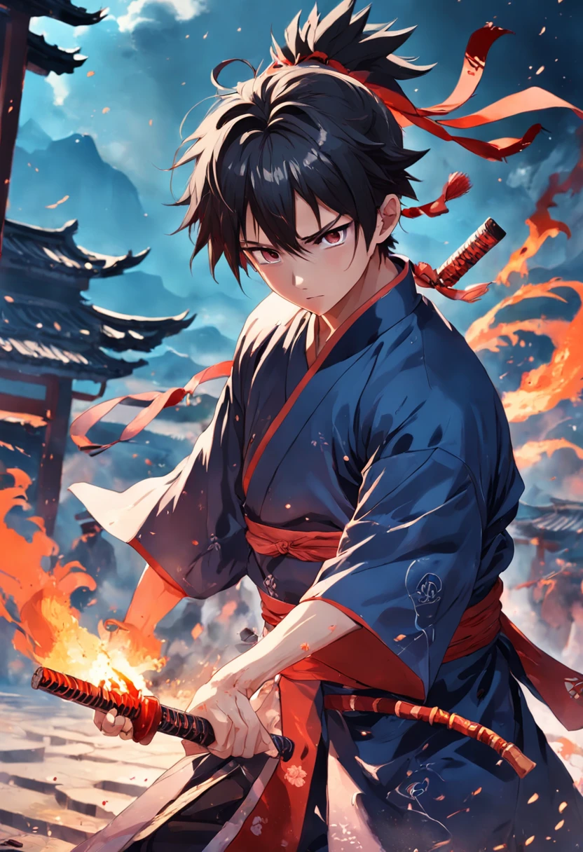 The hot fighting boy took the fire stick，Bloody battles on the battlefield，Wearing Hanfu，