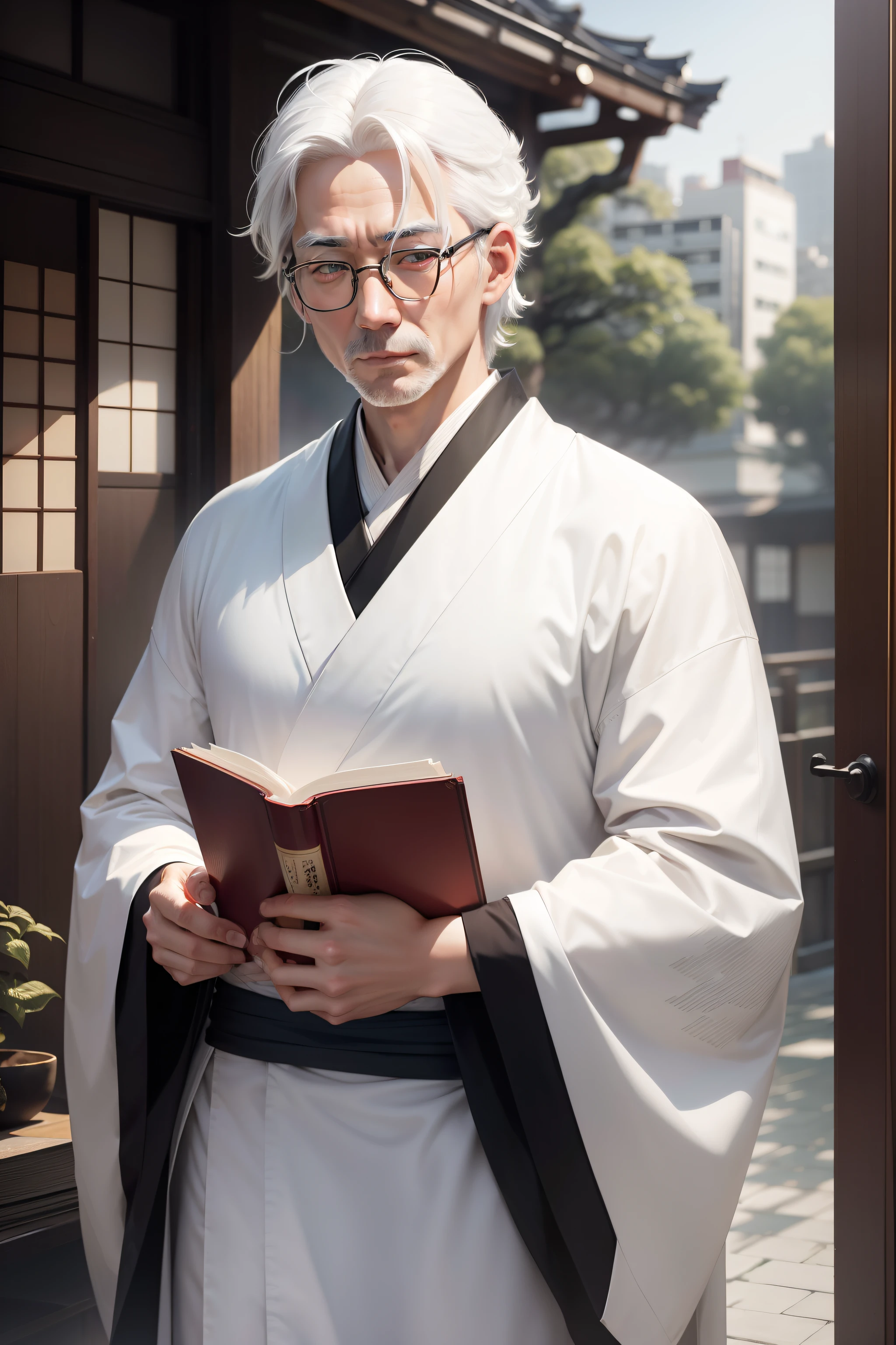 white  hair、Man in Kimono、eye glass、book in hand、medium shot, front facing