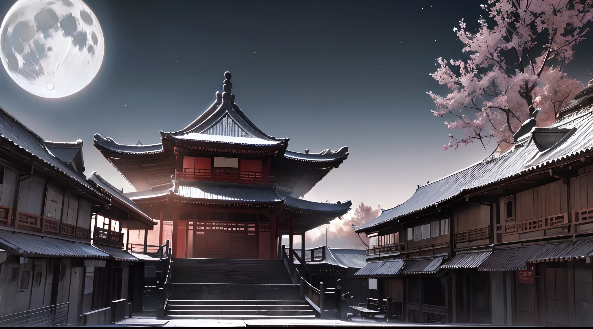 offcial art、Ancient China、Old street、（the night）、(Dull monochrome,Light shades,)，（themoon）lindo cenario、epic landscapes、Luzes Realistas、tmasterpiece、high high quality、Beautiful graphics、high detal、unreal engine rendered，Octane rendering，（hdr：1.3）