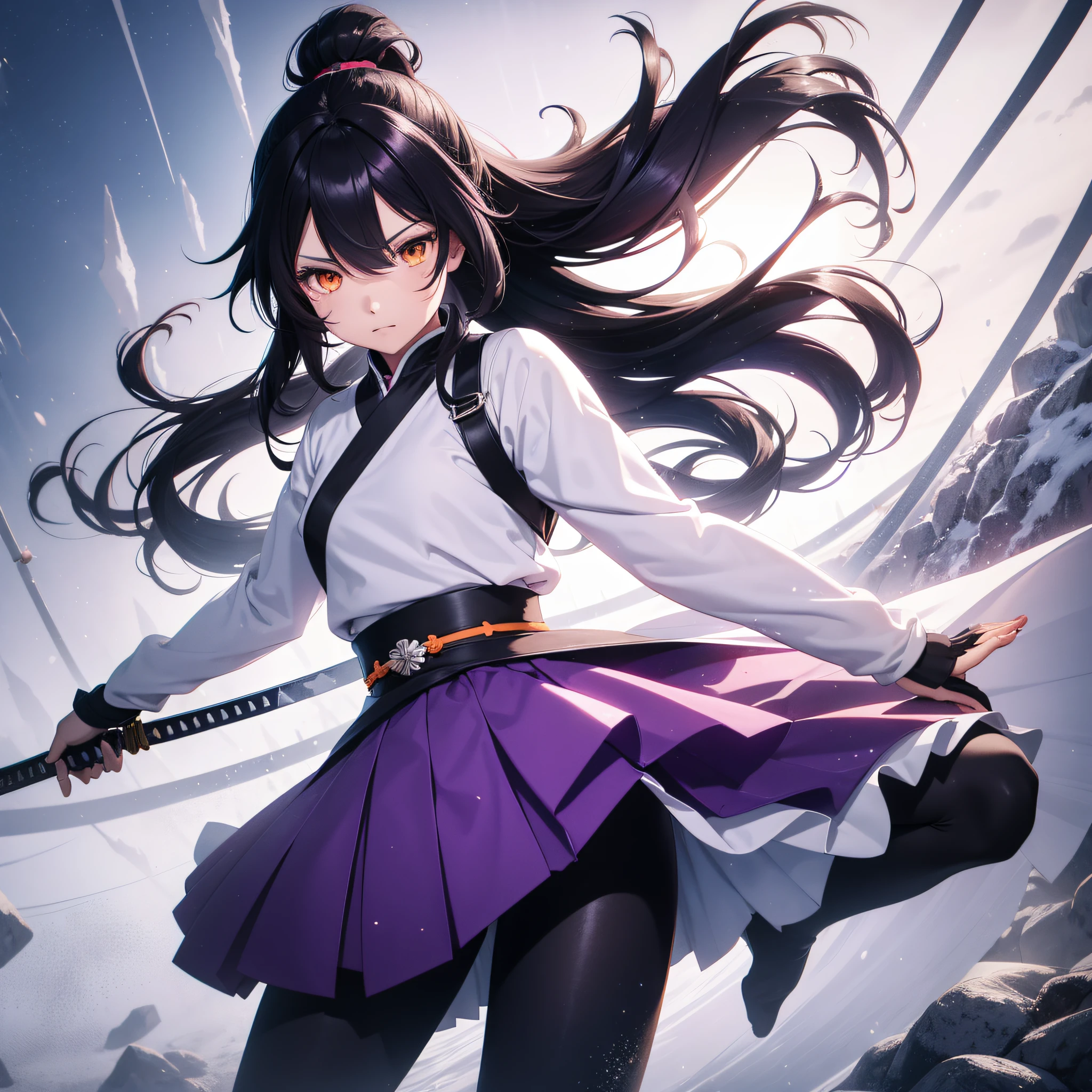 1girl, solo, sakifuwa, very long hair, ponytail, orange eyes, black hair, ahoge, black tights, white samurai suit, long leggings, purple strain of hair, very purple long skirt, holding sword, frost effects, frost particles, frost pillars