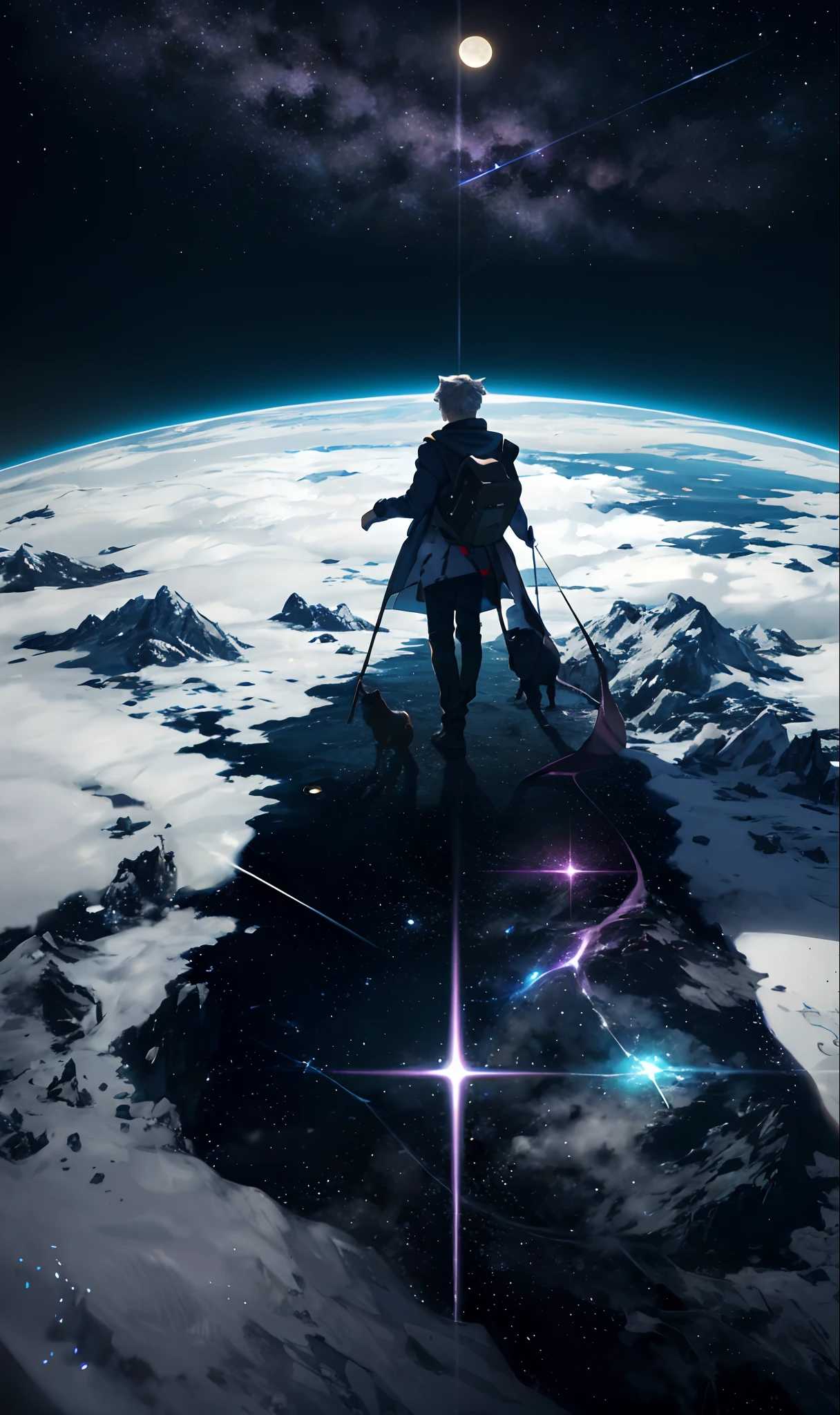 Expansive landscape photograph,(look from down,Above is the starry sky,Below is the Earth),A teenager standing on earth looking up,(moon full:1.2),(meteors:0.9),(Starcloud:1.3), BREAK Making Art,(cold light source:1.2),lamp lights,Lots of purple and blue,Complicated details,Volumetric lighting BREAK(tmasterpiece:1.2),(best qualtiy),4k,ultra - detailed,(dynamic compositions:1.4),detail-rich,plethora of colors,(Irridescent color:1.2),(with light glowing,Atmospheric lighting),dream magical,magical,(独奏:1.2)
