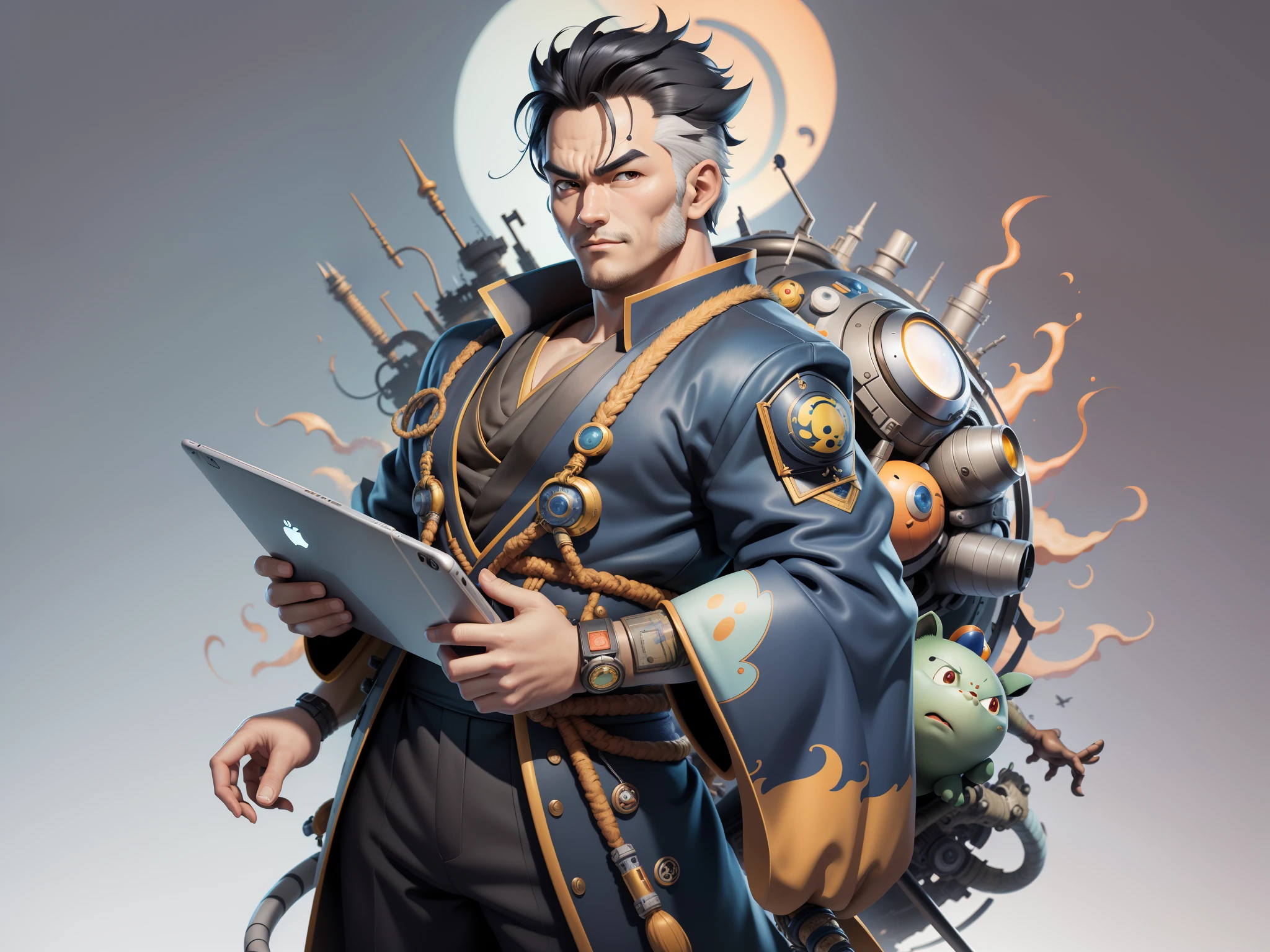 (Masterpiece), (Excellent), (Super Meticulous), (Full Body: 1.2), Super Young Man, Oriental Face, Japanese Kimono, Japanese Wind Thunder God, Dragon, Tiger, TV Anchor, Bust Portrait Illustration, Alone, Black Suit, Blue Tie, Slightly Chubby Face, Very Clean Face, No Beard, Black Super Short Hair, Black Eyes, Confident Smile, 3c Computer Sub-Products, iPad, iPhone, Digital Painting, 3D Character Design by Akira Toriyama and Mark Claireden and Pixar and Hayao Miyazaki, The illustration is a high-definition illustration in 4K resolution with very detailed facial features and cartoon-style visuals.