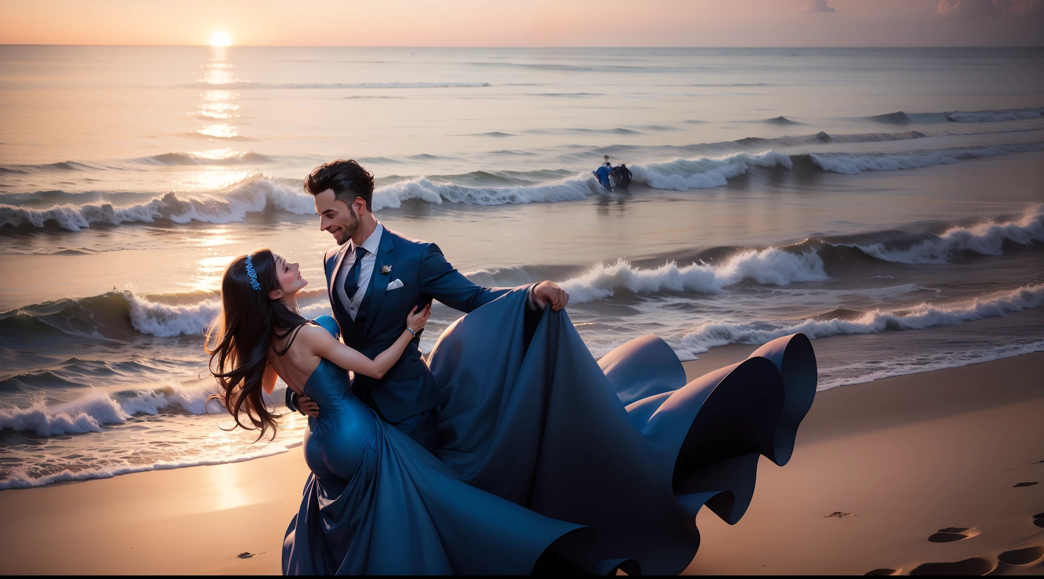 A man in a blue suit and a woman in a blue long dress smile and dance on the beach, sunrise background