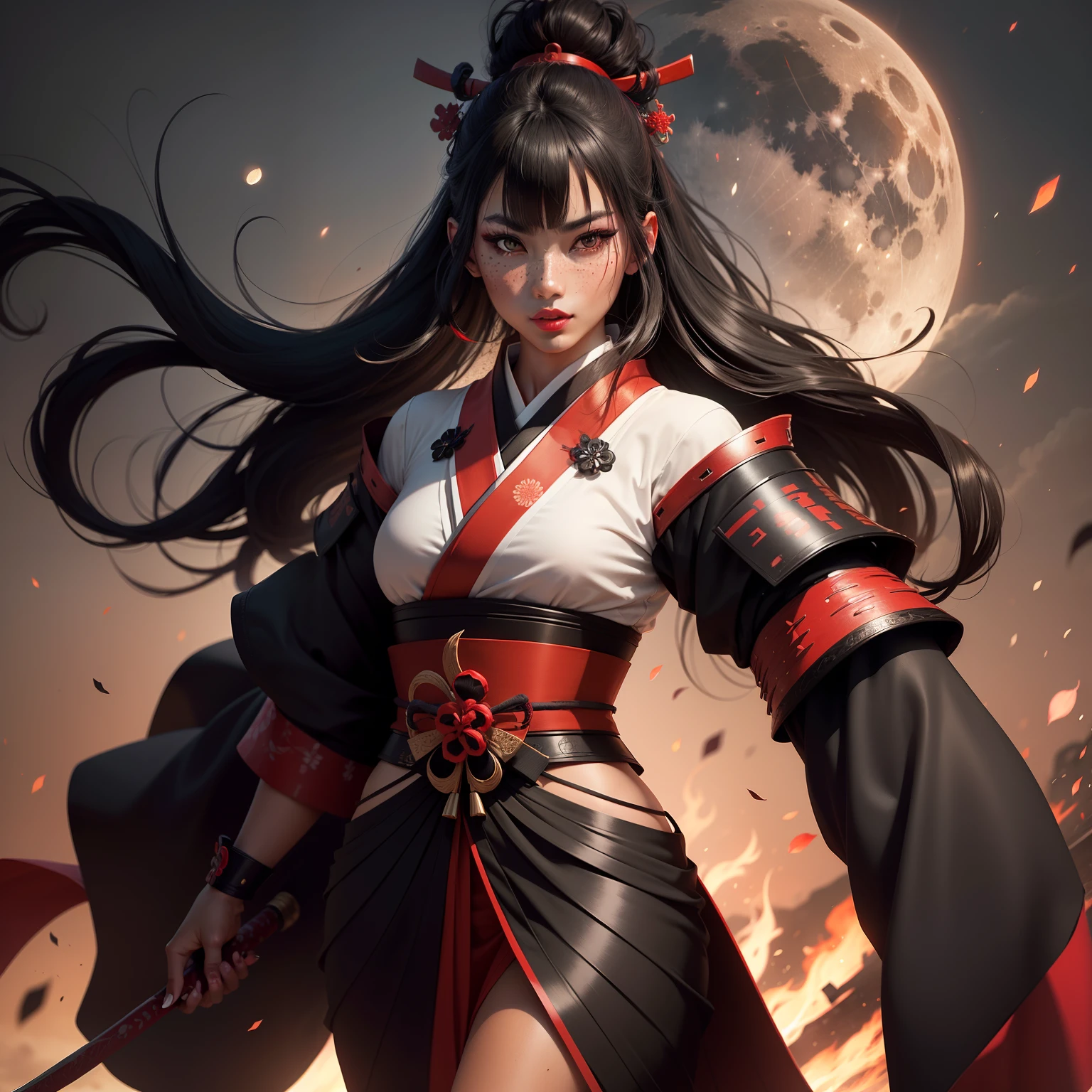 Female samurai warrior, jet black hair, dark skinned tanned, red black, bright moon, freckles on the face, red lipstick, full body, no extra hair, diamond shaped face, cover top, black eyeballs, geisha warrior, brown skinned