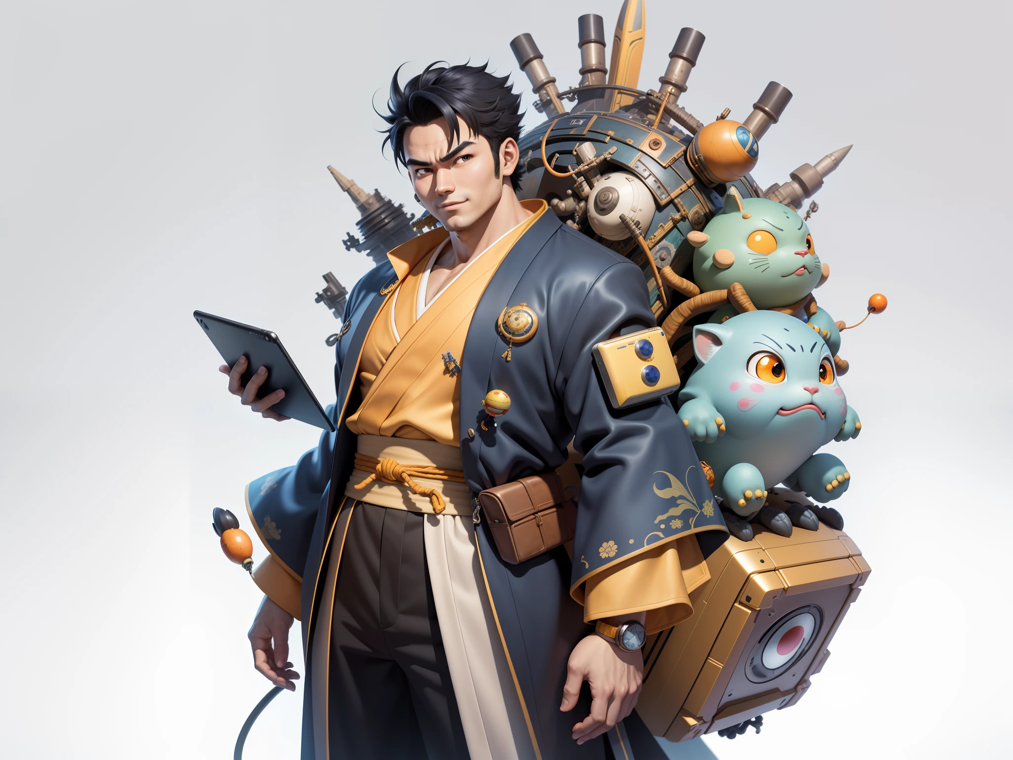(Masterpiece), (Excellent), (Super Meticulous), (Full Body: 1.2), Super Young Man, Oriental Face, Japanese Kimono, Japanese Wind Thunder God, Dragon, Tiger, TV Anchor, Bust Portrait Illustration, Alone, Black Suit, Blue Tie, Slightly Chubby Face, Very Clean Face, No Beard, Black Super Short Hair, Black Eyes, Confident Smile, 3c Computer Sub-Products, iPad, iPhone, Digital Painting, 3D Character Design by Akira Toriyama and Mark Claireden and Pixar and Hayao Miyazaki, The illustration is a high-definition illustration in 4K resolution with very detailed facial features and cartoon-style visuals.