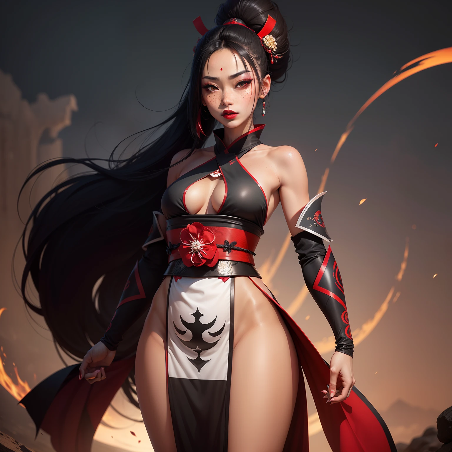 Female samurai warrior, jet black hair, dark skinned tanned, red black, bright moon, freckles on the face, red lipstick, full body, no extra hair, diamond shaped face, cover top, black eyeballs, geisha warrior, brown tan skinned, sexy hair style, extravagant outfit