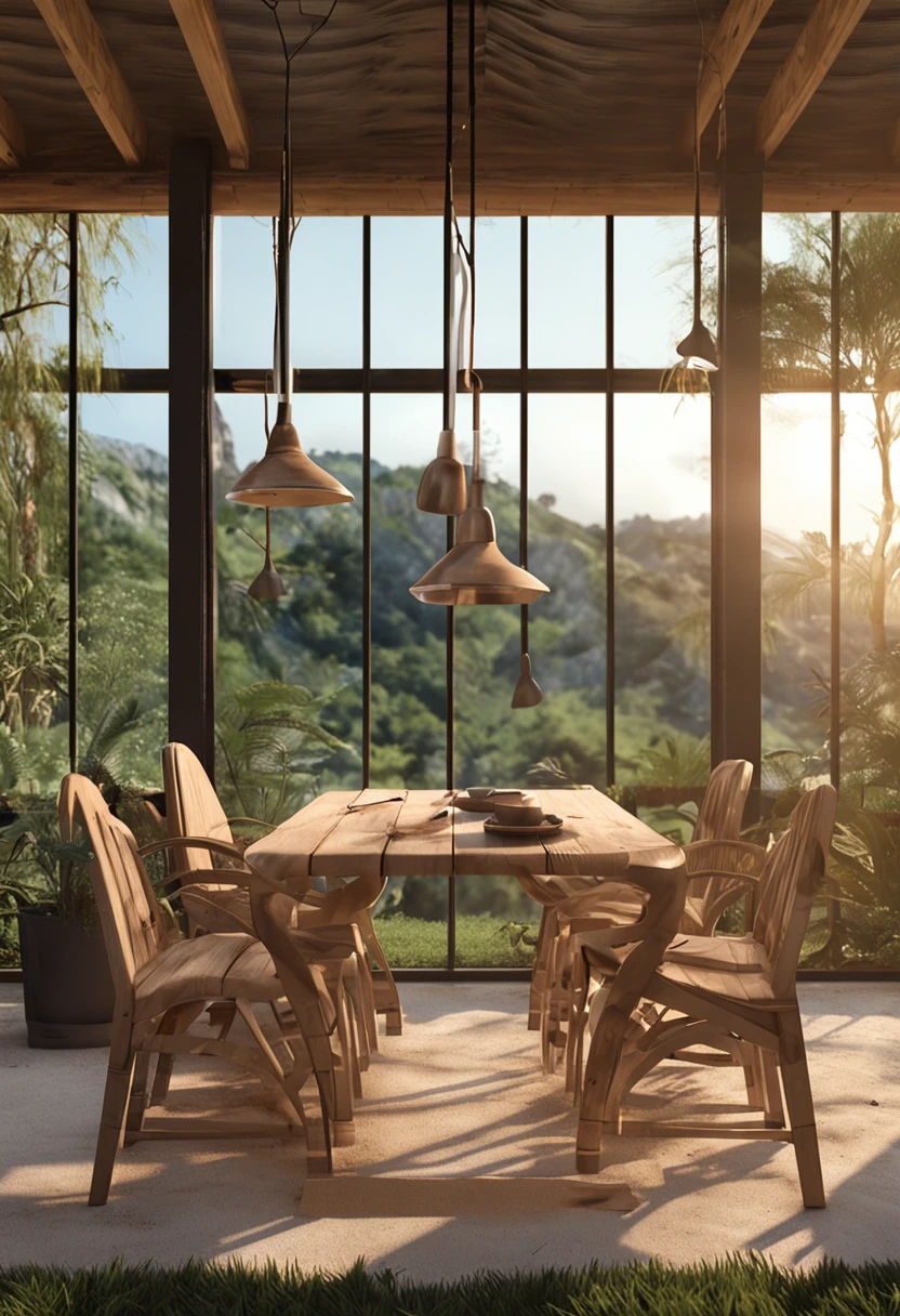 On a wide lawn，no trees，Furnishing outdoor furniture，There are tables and chairs，There are hanging chairs，Camping tents，Great scene of natural light during the day，3D hyper-realistic digital rendering