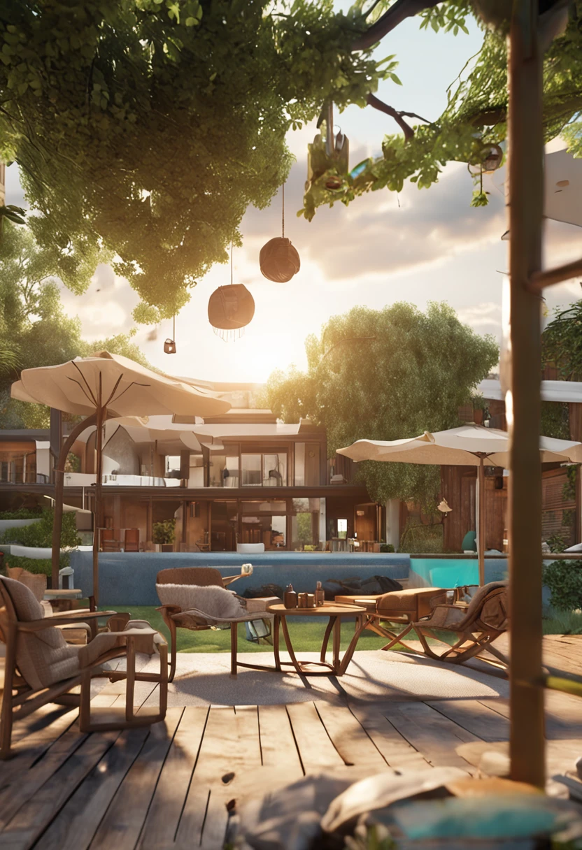 On a wide lawn，no trees，Furnishing outdoor furniture，There are tables and chairs，There are hanging chairs，Camping tents，Great scene of natural light during the day，3D hyper-realistic digital rendering