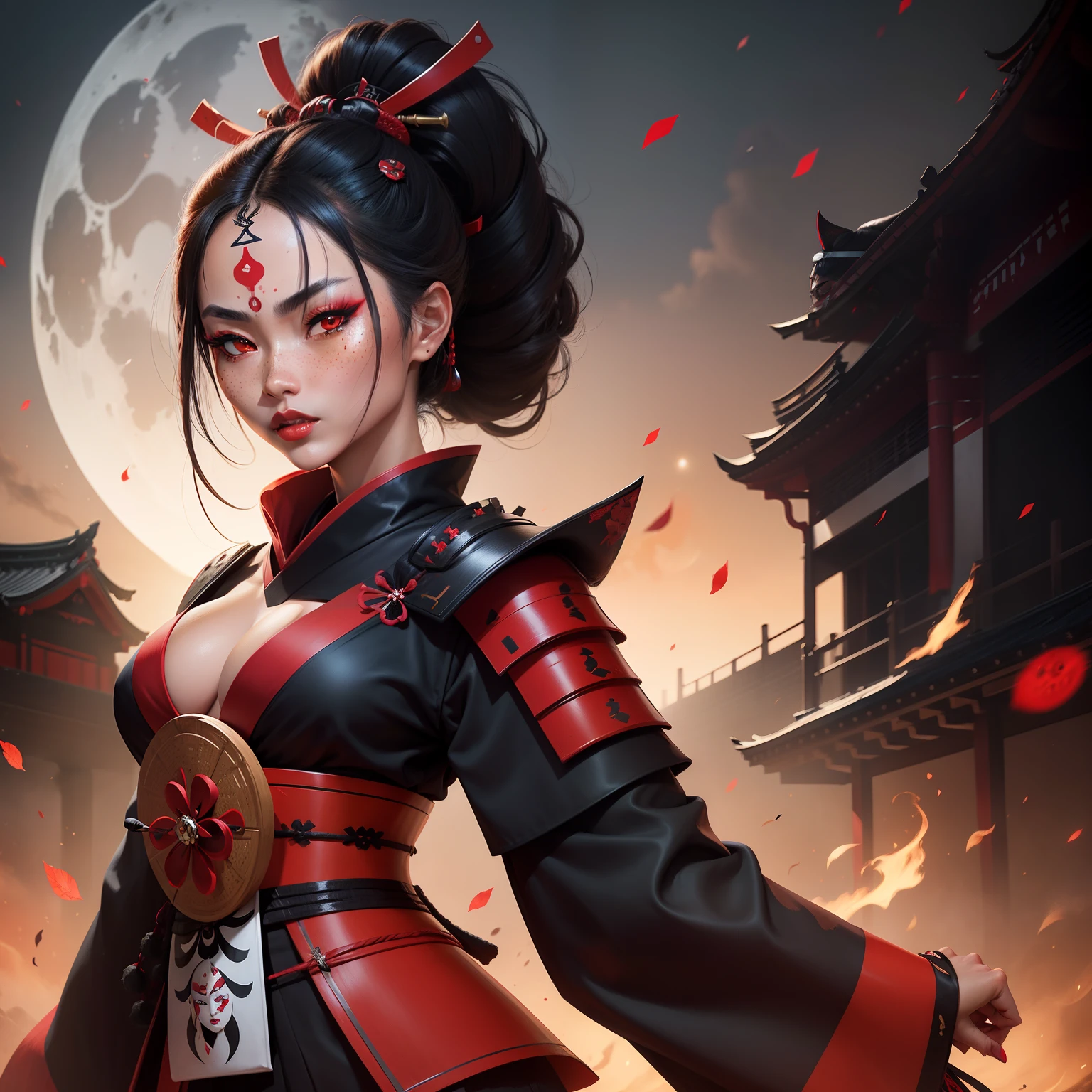 Female samurai warrior, jet black hair, dark skinned tanned, red black, bright moon, freckles on the face, red lipstick, full body, no extra hair, diamond shaped face, cover top, black eyeballs, geisha warrior, brown tan skinned, sexy hair style, extravagant outfit