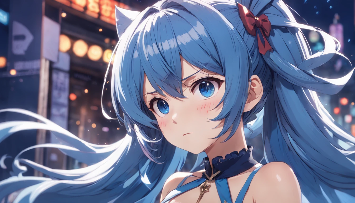 long hair, hair pulled back, pixie cut, ribbon, hair bow, bead necklace, blue hair, anime, anime style, Verism, cinematic lighting, motion blur, close-up, cowboy shot, textured skin, high details, highres, 1080P, 16k, best quality, high quality, super detail, UHD