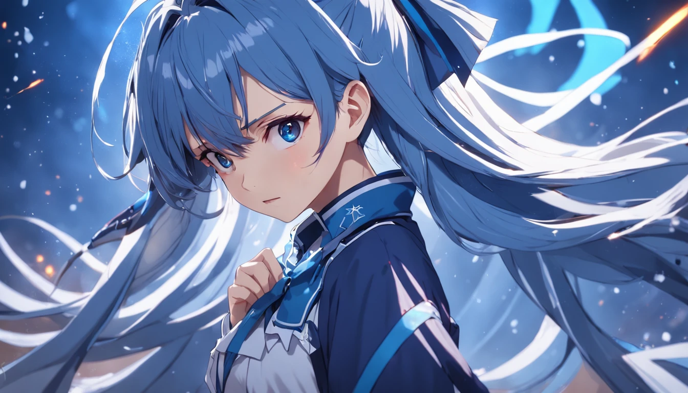 long hair, hair pulled back, pixie cut, ribbon, hair bow, bead necklace, blue hair, anime, anime style, Verism, cinematic lighting, motion blur, close-up, cowboy shot, textured skin, high details, highres, 1080P, 16k, best quality, high quality, super detail, UHD