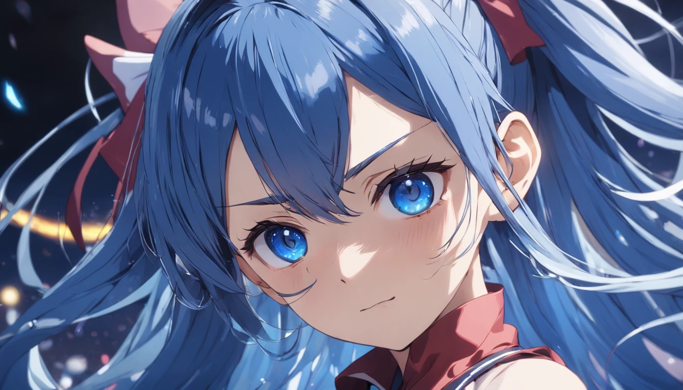 long hair, hair pulled back, pixie cut, ribbon, hair bow, bead necklace, blue hair, anime, anime style, Verism, cinematic lighting, motion blur, close-up, cowboy shot, textured skin, high details, highres, 1080P, 16k, best quality, high quality, super detail, UHD