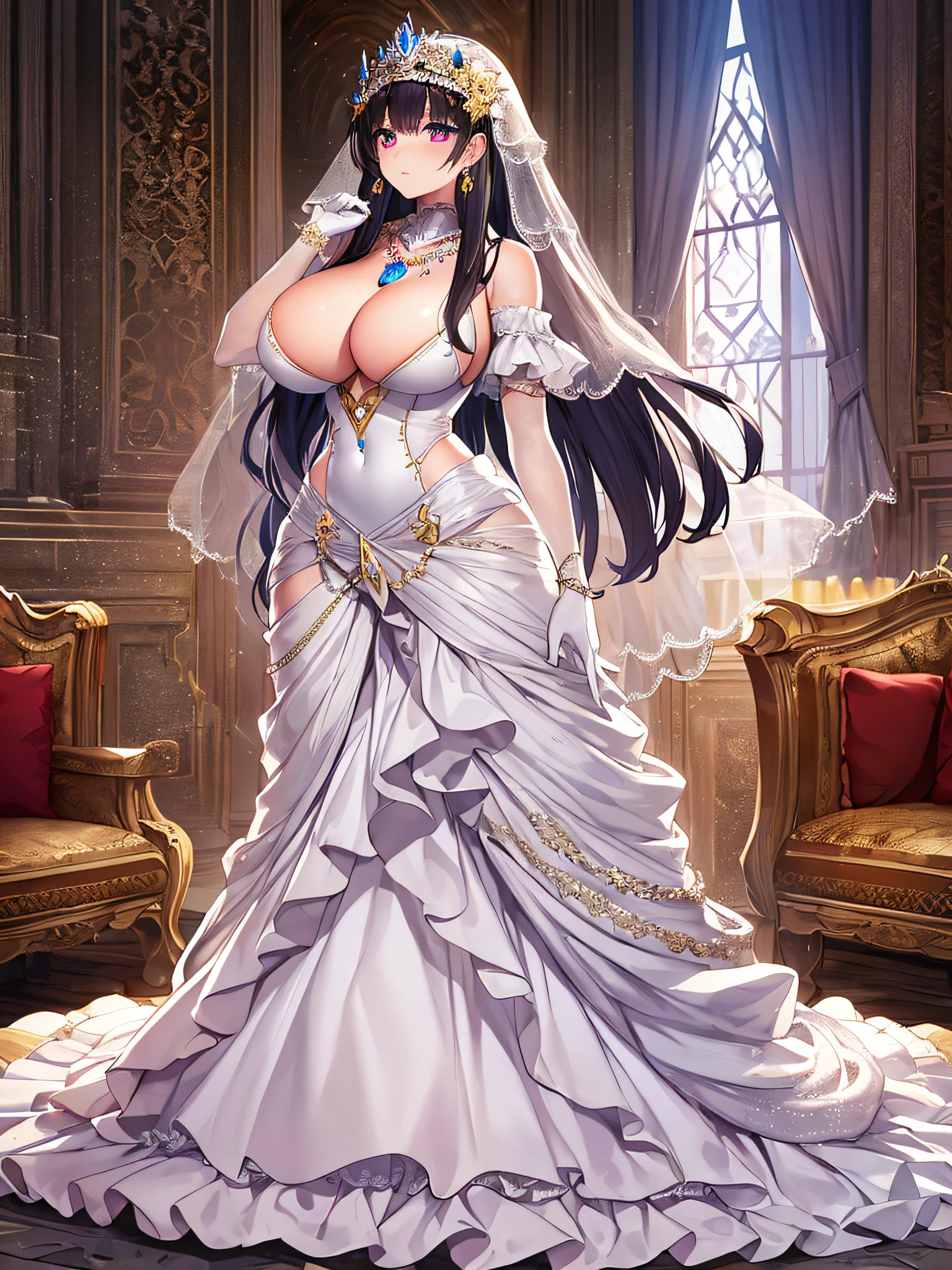 ((anime artstyle)),Best quality, Masterpiece,Solo,(full body),1 princess wearing a stately and elaborate royal wedding dress of white satin and tulle adorned with voluminous hoopskirt,crinoline,(gigantic tits,Long tits,skindentation),(voluminous straight hair,extremely Long straight Hair),with enormous puffed sleeves, long train, long white gloves,  jeweled necklace and  jeweled earrings,long wedding veil