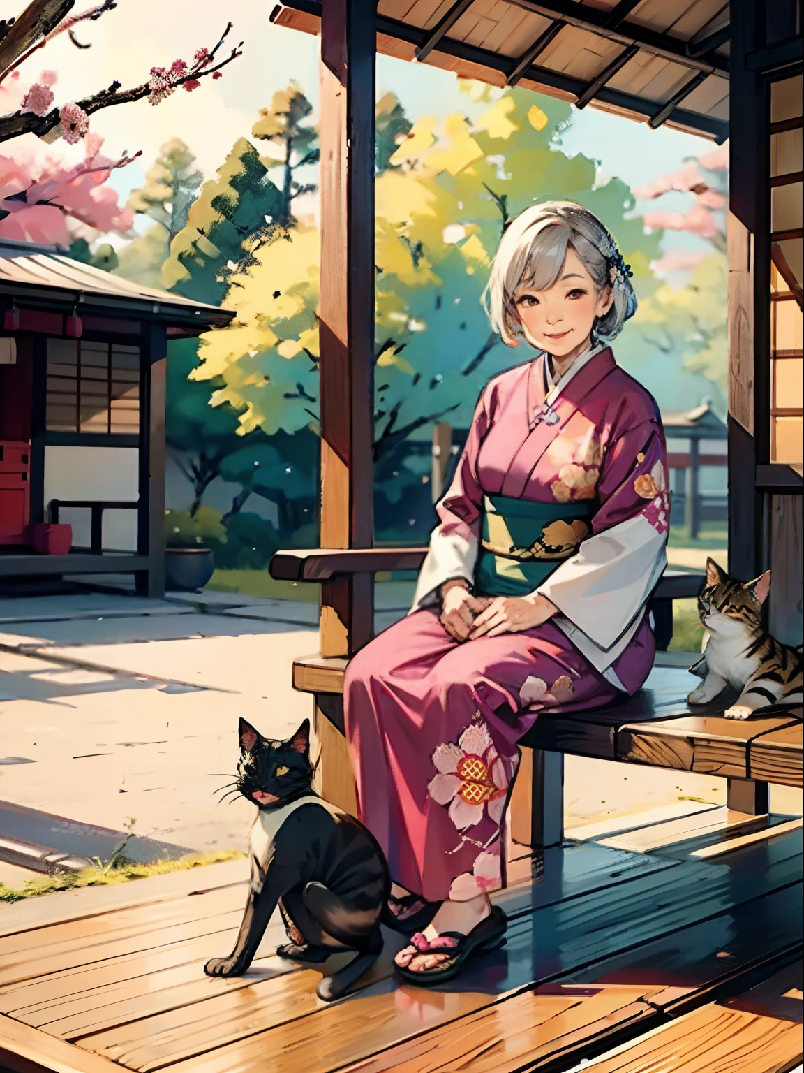 Grandma sitting on the wood porch,
Oldest woman,80years old asian grandma,Face full of wrinkles,smile of wrinkles,
cat,plum blossoms