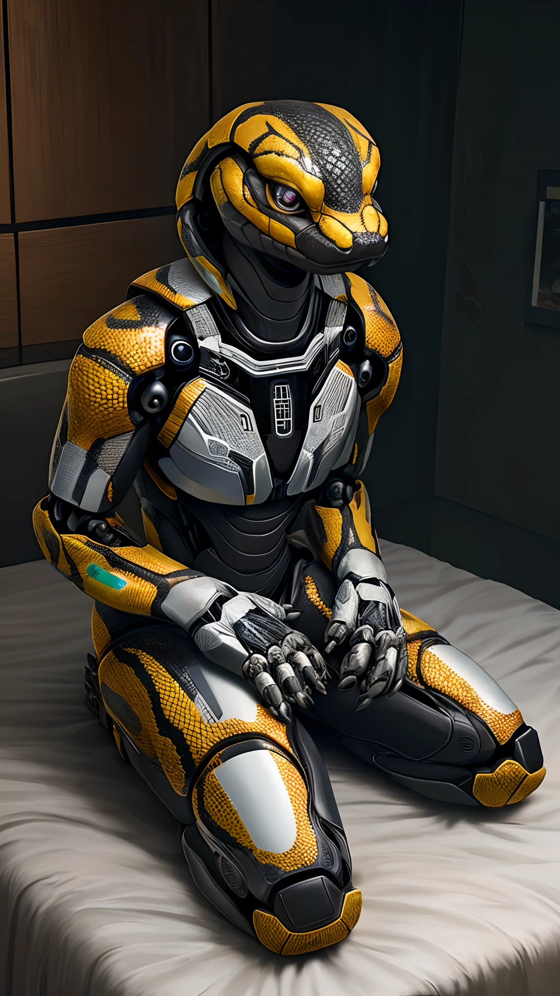 Bionic robot snake,female,sit on a bed,HD graphics,Detailed and realistic,high detal,high qulity,photo-realistic,photorealistic eye,Detailed paws,Clear eyes,Masterpiece artwork,Five-fingered hands