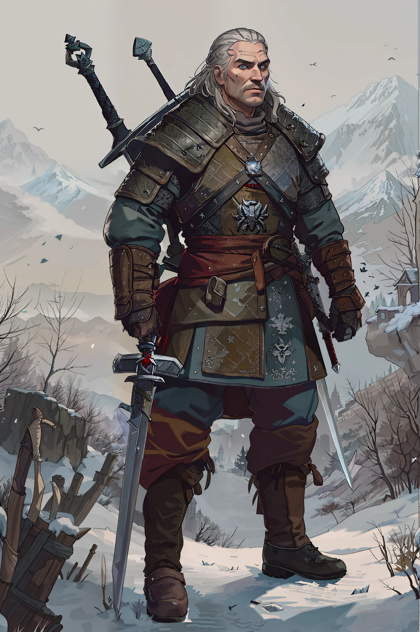 Arafed image of a man with a sword standing in the snow, Arte conceitual de The Witcher, Witcher)), para arte conceitual de personagem de honra, de Witcher (2021), Mario como The Witcher, Witcher, Geralt de Rivia, Vigo, the Carpathian, Amazing 8K character concept art, inspired by Sándor Bihari, Geralt (disambiguation)