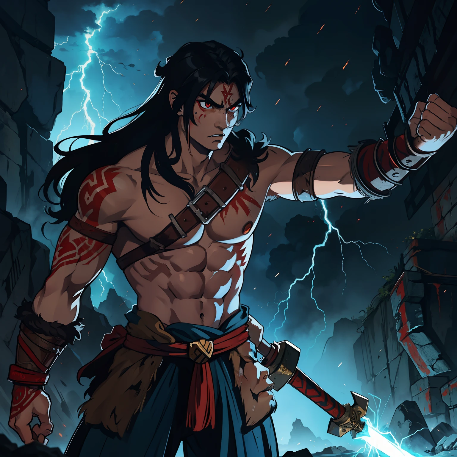 A barbarian warrior kratos style god of war, a barbarian warrior in a frenzy with long black hair and red eyes with tribal paintings on his body in a lightning storm in the skies, blue and dark colors;
