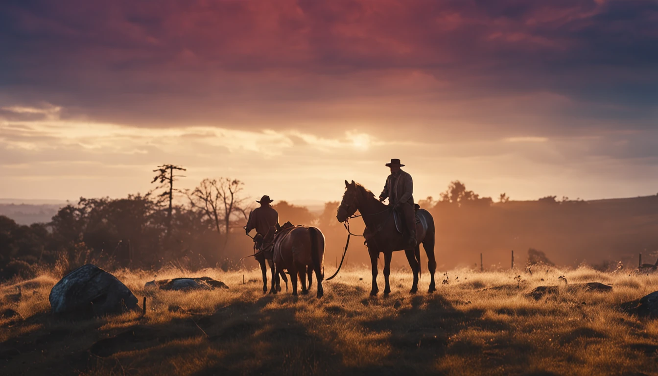 dois homens montados a cavalo em paisagem ensolarada