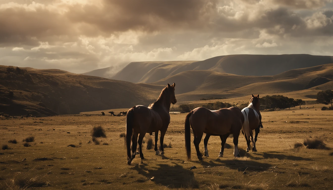 dois homens montados a cavalo em paisagem ensolarada