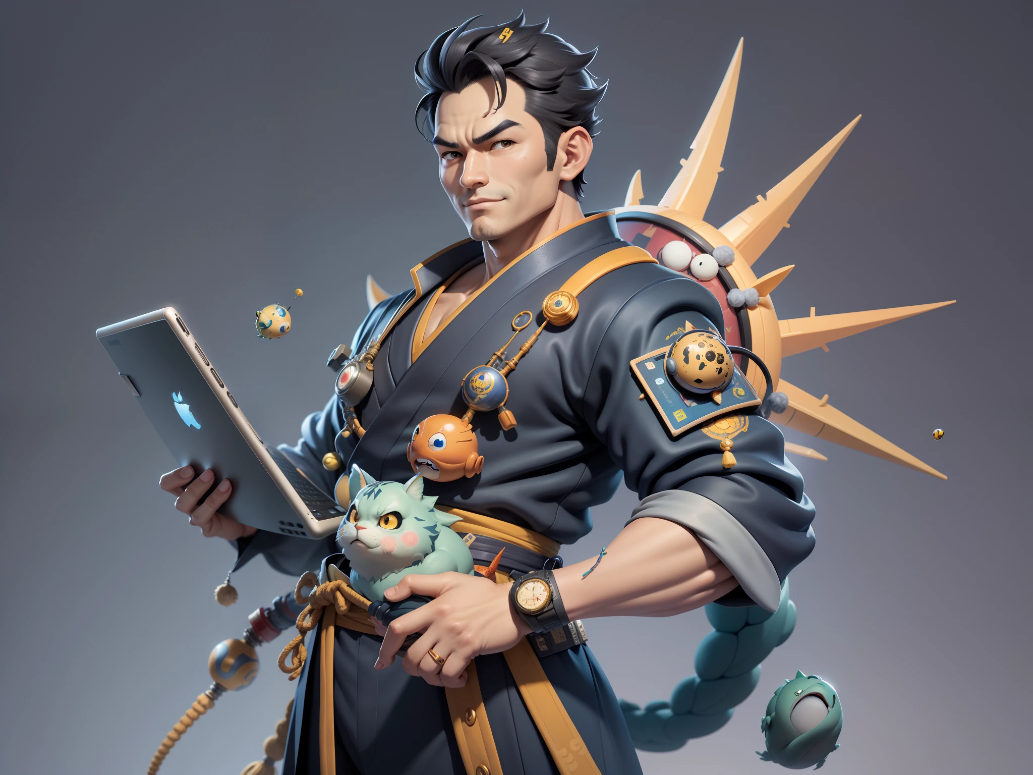 (Masterpiece), (Excellent), (Super Meticulous), (Full Body: 1.2), Super Young Man, Oriental Face, Japanese Kimono, Japanese Wind Thunder God, Dragon, Tiger, TV Anchor, Bust Portrait Illustration, Alone, Black Suit, Blue Tie, Slightly Chubby Face, Very Clean Face, No Beard, Black Super Short Hair, Black Eyes, Confident Smile, 3c Computer Sub-Products, iPad, iPhone, Digital Painting, 3D Character Design by Akira Toriyama and Mark Claireden and Pixar and Hayao Miyazaki, The illustration is a high-definition illustration in 4K resolution with very detailed facial features and cartoon-style visuals.
