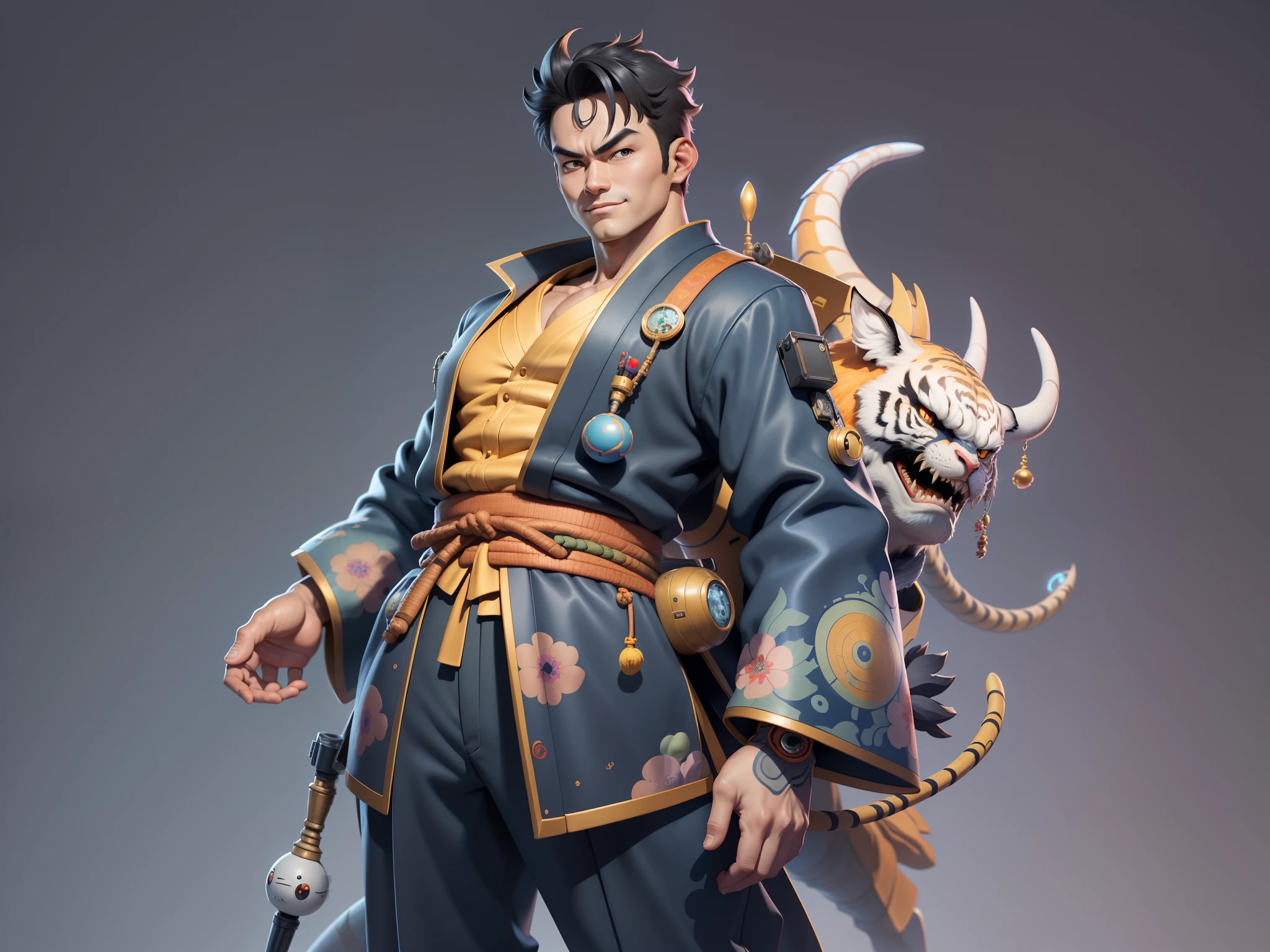 (Masterpiece), (Excellent), (Super Meticulous), (Full Body: 1.2), Super Young Man, Oriental Face, Japanese Kimono, Japanese Wind Thunder God, Dragon, Tiger, TV Anchor, Bust Portrait Illustration, Alone, Black Suit, Blue Tie, Slightly Chubby Face, Very Clean Face, No Beard, Black Super Short Hair, Black Eyes, Confident Smile, 3c Computer Sub-Products, iPad, iPhone, Digital Painting, 3D Character Design by Akira Toriyama and Mark Claireden and Pixar and Hayao Miyazaki, The illustration is a high-definition illustration in 4K resolution with very detailed facial features and cartoon-style visuals.