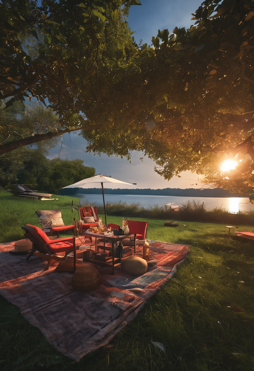 On a wide lawn,Outdoor furniture,There are tables and chairs,There are hanging chairs,Camping tents,Great scene of natural light during the day