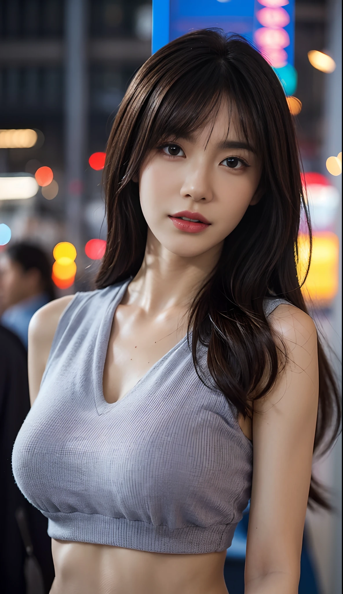 ((top-quality,realisticlying,hyper HD,tmasterpiece:1.4,Highly Detailed Face and Skin Textur)),High quality face,1girll,Slender abs:1.1,Bigboobs:1.3,Highly detailed lips,The surface of the body is soaked,By bangs,Half-body appearance,with fair skin,Cities like New York in the 1970s,Heart-shaped opening,yarn,clothes