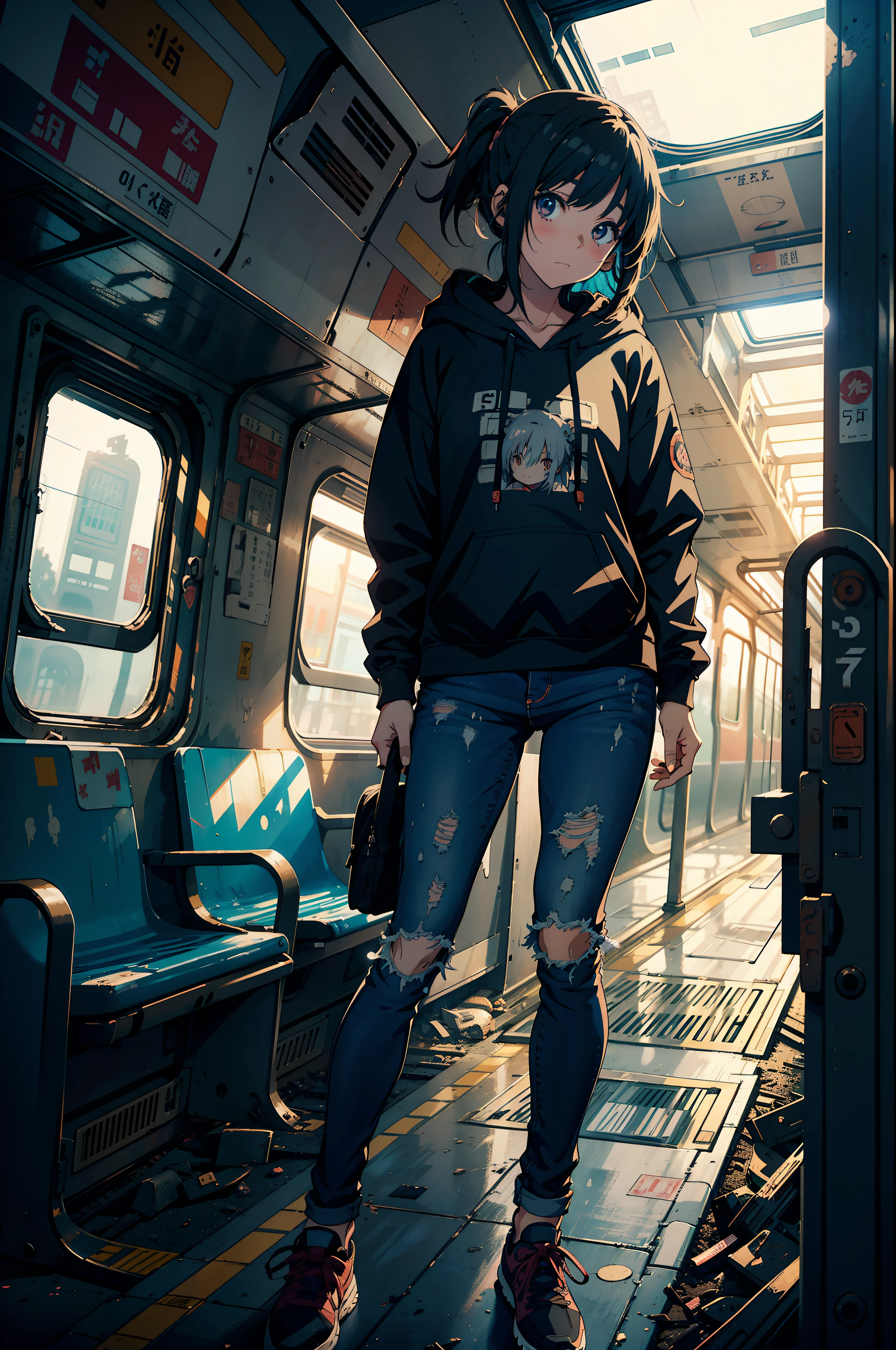 A playful little anime girl wearing a hoodie, full jeans, messy hair, (2d illustration:1.2), visual clutter, (1girl:1.3), ((abandoned train station, a train)), morning