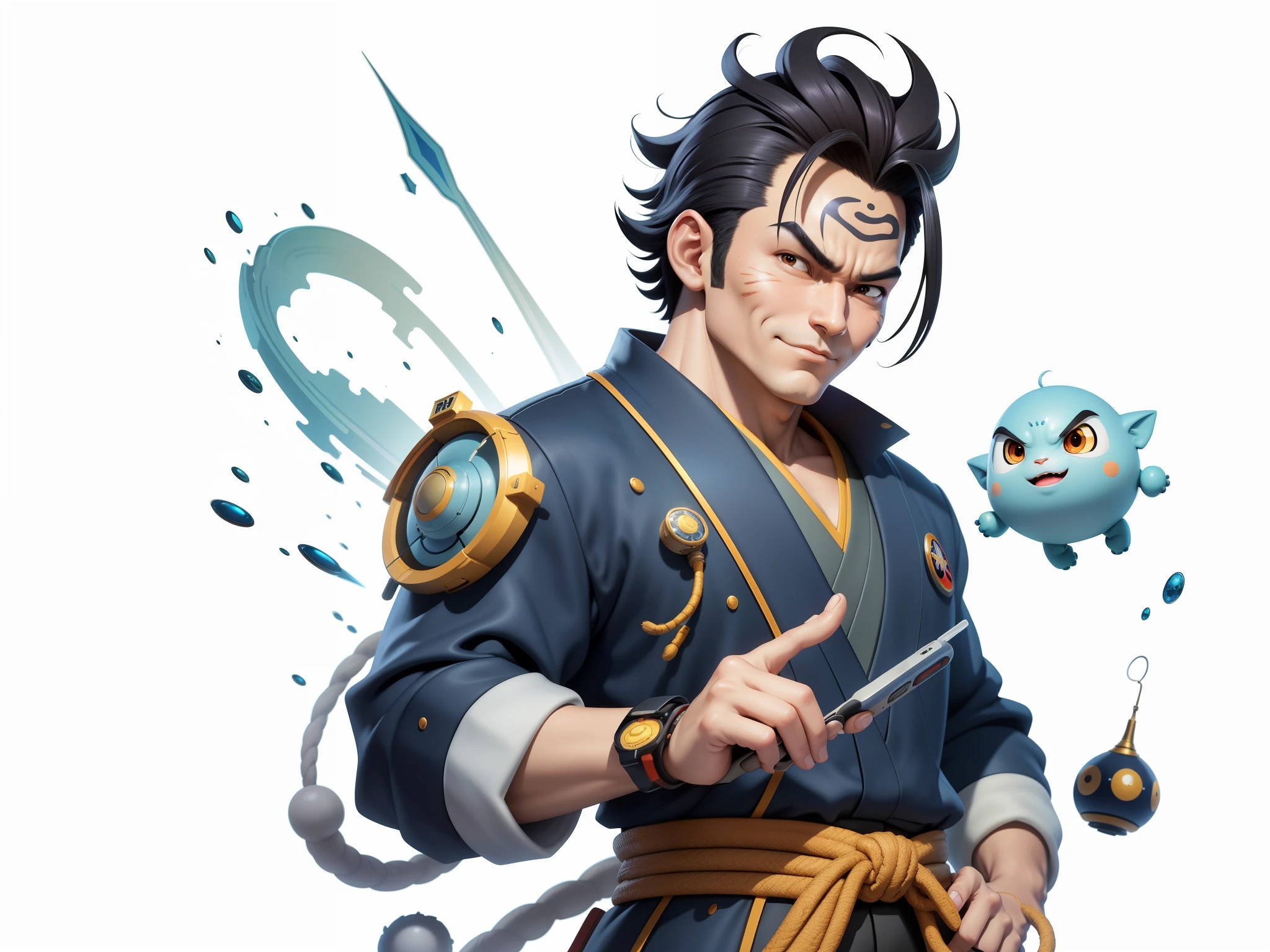 (Masterpiece), (Excellent), (Super Meticulous), (Full Body: 1.2), Super Young Man, Oriental Face, Japanese Kimono, Japanese Wind Thunder God, Dragon, Tiger, TV Anchor, Bust Portrait Illustration, Alone, Black Suit, Blue Tie, Slightly Chubby Face, Very Clean Face, No Beard, Black Super Short Hair, Black Eyes, Confident Smile, 3c Computer Sub-Products, iPad, iPhone, Digital Painting, 3D Character Design by Akira Toriyama and Mark Claireden and Pixar and Hayao Miyazaki, The illustration is a high-definition illustration in 4K resolution with very detailed facial features and cartoon-style visuals.