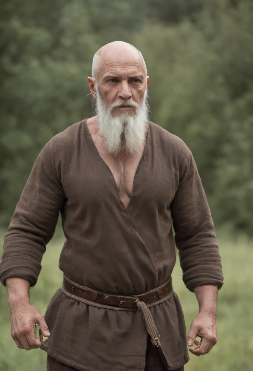 he was of medium height, neither tall nor short. He had a thick beard that reached his chest. He had a strong hand and forearm. His grip was so strong that he could suffocate a man. He had a large belly. He had broad shoulders. He had large arms. He had thick hair on his chest and shoulders. He had a handsome face, like the full moon. He was bald except for some white hair on the back of his head. He was closer to being overweight than to being weak. He had dark eyes. His forearm and biceps could not be distinguished from each other.
