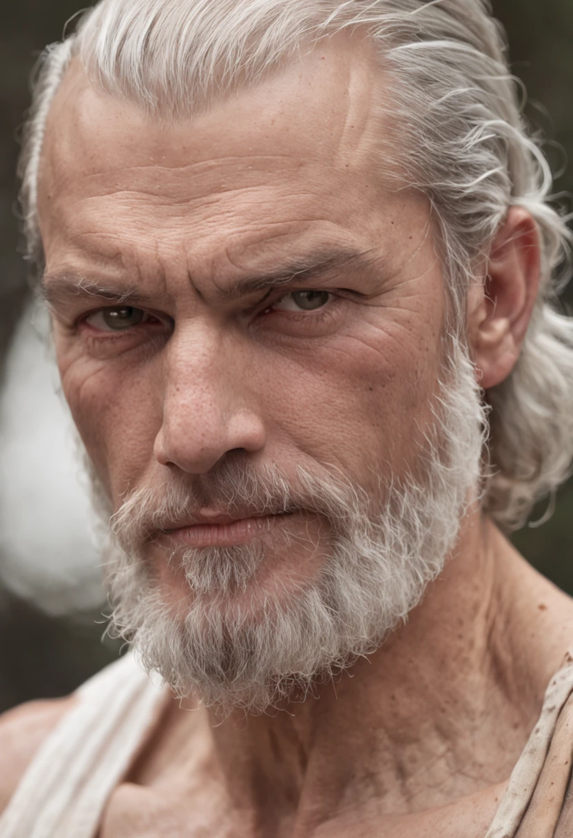 he was of medium height, neither tall nor short. He had a thick beard that reached his chest. He had a strong hand and forearm. His grip was so strong that he could suffocate a man. He had a large belly. He had broad shoulders. He had large arms. He had thick hair on his chest and shoulders. He had a handsome face, like the full moon. He was bald except for some white hair on the back of his head. He was closer to being overweight than to being weak. He had dark eyes. His forearm and biceps could not be distinguished from each other.