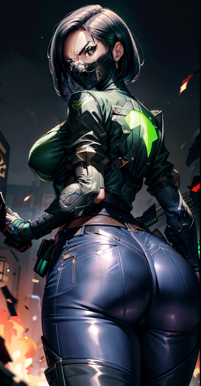 Masterpiece, Best quality,Watching from behind，《Fearless viper》, 比基尼, mitts, belt，ripped jeans, thigh boots, respirator, view the viewer, face, Portrait, Tattoo on the butt, Glowing eyes,,Black background,huge tit，big assa，Raised chest，Bare buttocks，desire tattoo，Buttocks close up，angry look，Devil figure，Staring angrily at the screen，Hips to the screen，Muscle woman，fat hips，cocking the buttocks
