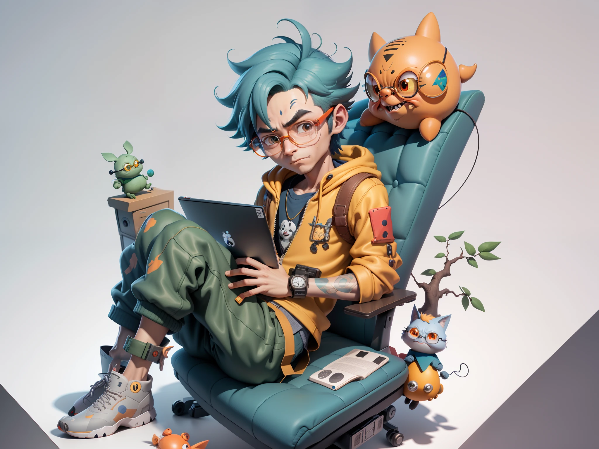 A young man with glasses sits at his desk,holding laptop,digitial painting,3D character design by Mark Clairen and Pixar and Hayao Miyazaki and Akira Toriyama,4K HD illustration,Very detailed facial features and cartoon-style visuals。