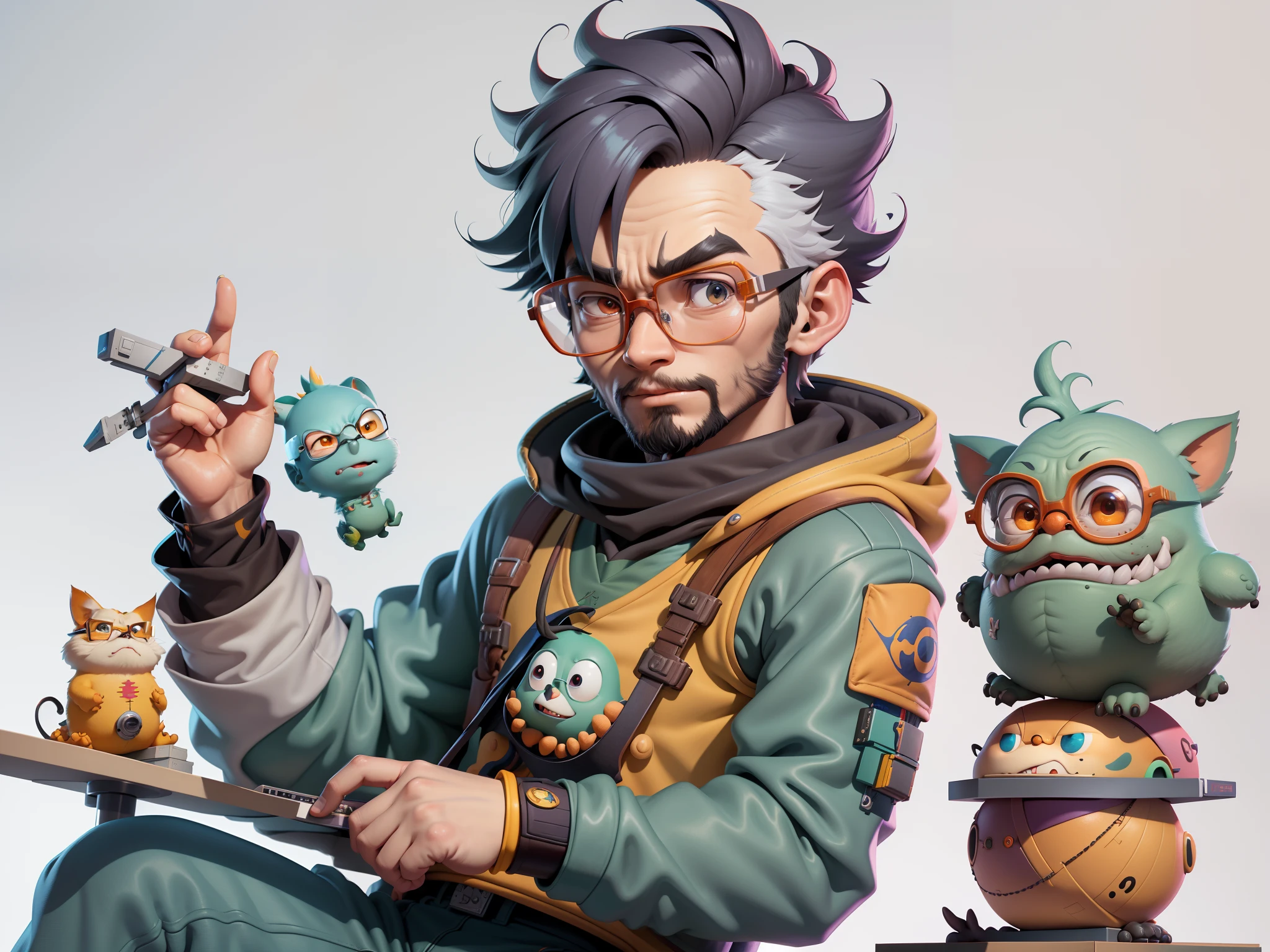 A young man with glasses sits at his desk，holding laptop，digitial painting，3D character design by Mark Clairen and Pixar and Hayao Miyazaki and Akira Toriyama，4K HD illustration，Very detailed facial features and cartoon-style visuals。