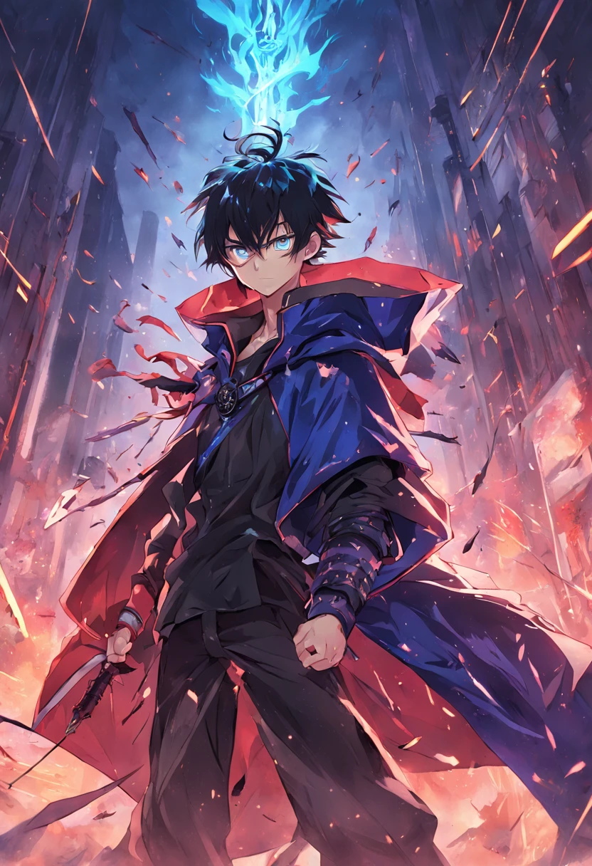 a guy named Ying, a Chinese, behind him is a city ravaged by smoke and fire, anime character with a purple cape and a black cape on, badass anime 8 k, trigger anime artstyle, tall anime guy with blue eyes, carrying 6 arrows on his back, detailed key anime art, advanced digital anime art ”, with index finger, key anime art, ufotable art style, shirow masamune, shigenori soejima illustration, epic anime style, detailed digital anime art