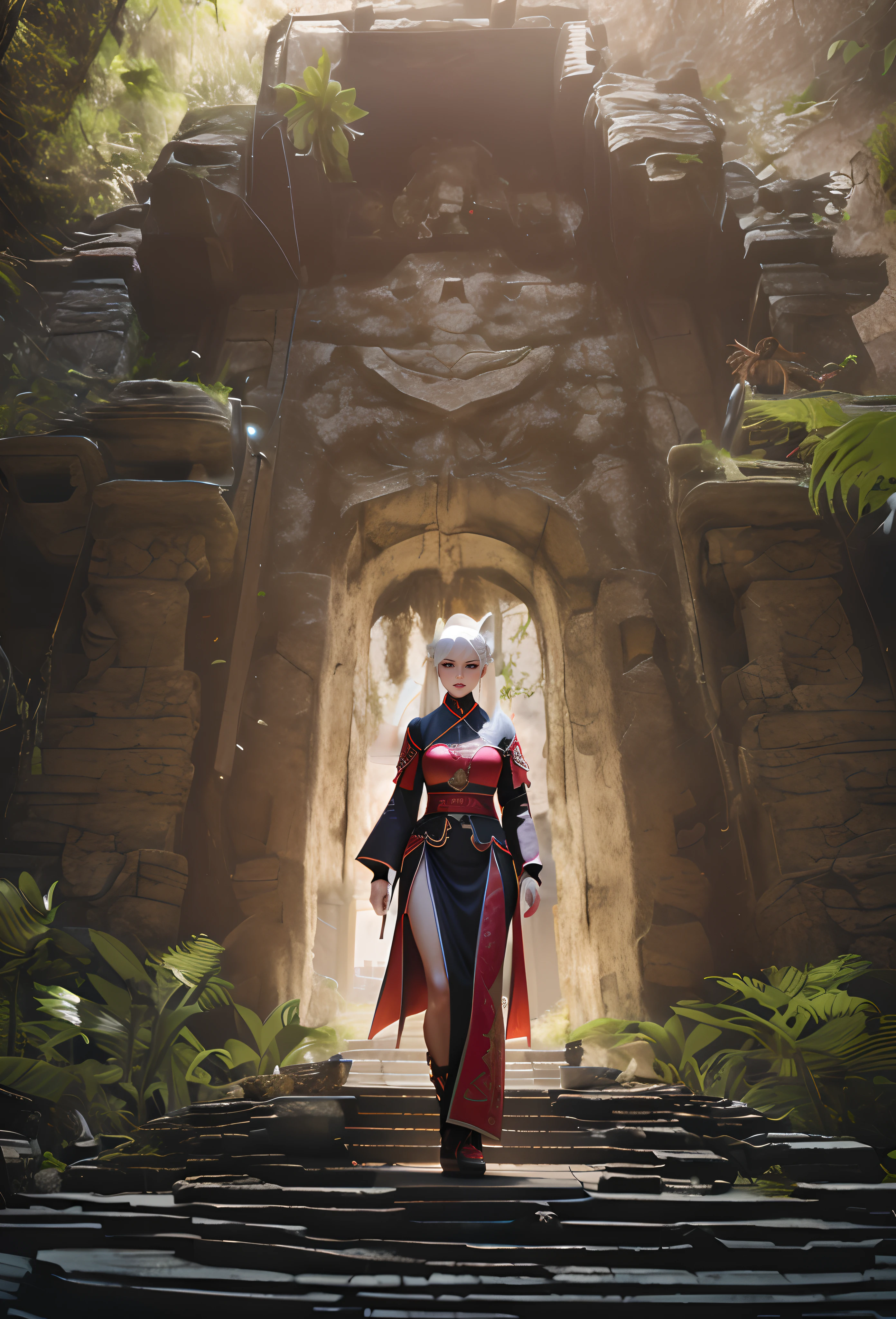 There was a woman in a red and white dress walking up a set of stairs, Unreal Engine fantasy art, chengwei pan on artstation, unreal engine rendered + A goddess, portrait of a female mage, akihiko yoshida. illusory engine, 3 D rendering character art 8 K, lady in red armor, crimson attire, stunning cgsociety, Stunning character art