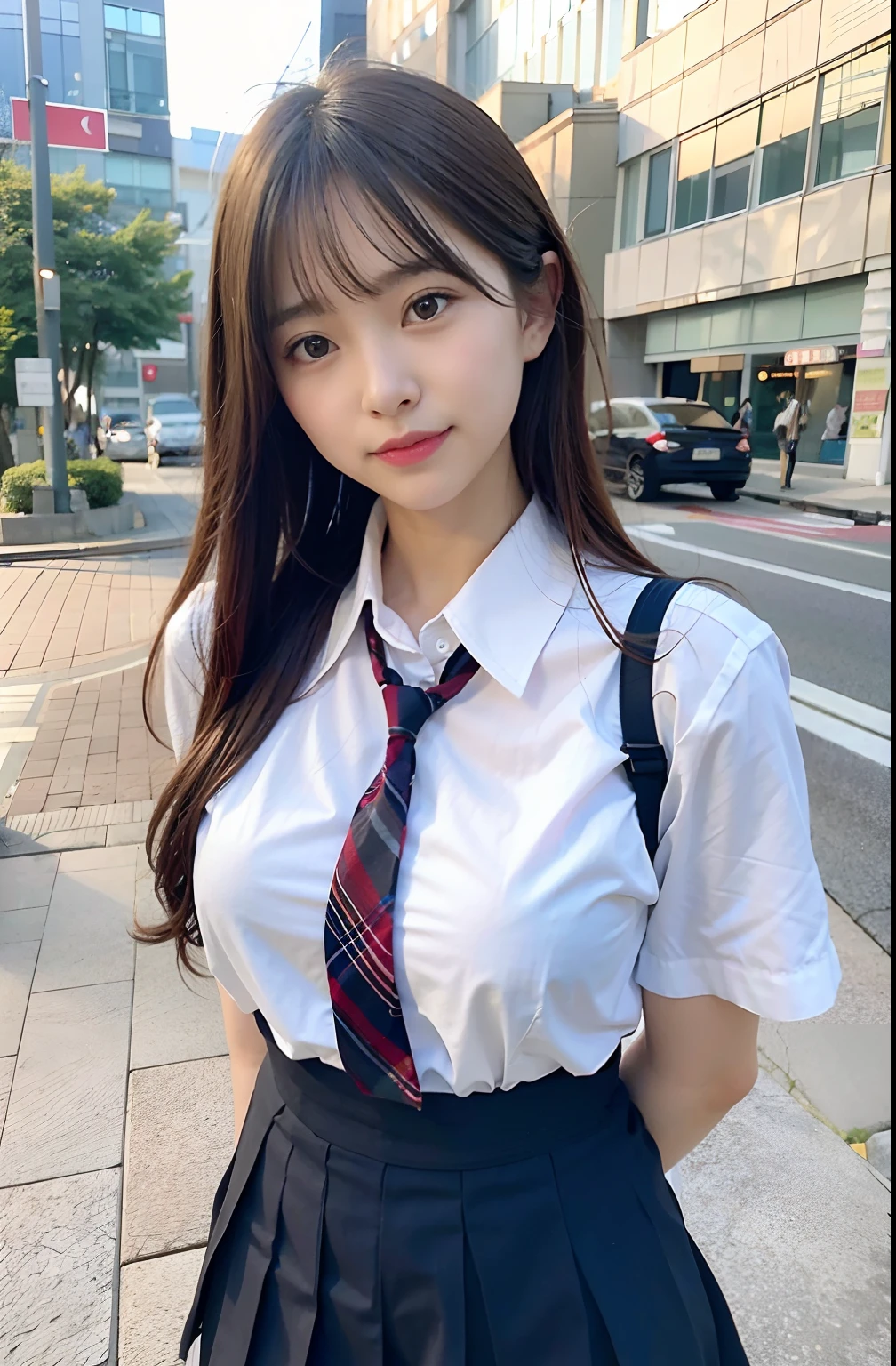 walkway、RAW Photography、8K、top-quality、超A high resolution、beautiful faces detailed、Real human skin、Gentle expression、front-facing view、angle from bellow、length hair、realisitic、realisitic、cute little、a short skirt、Standing deep in the city、cute school girl、Japan schoolgirl uniform、Japan wearing school uniform、surreal high school girl、full bodyesbian、huge tit、