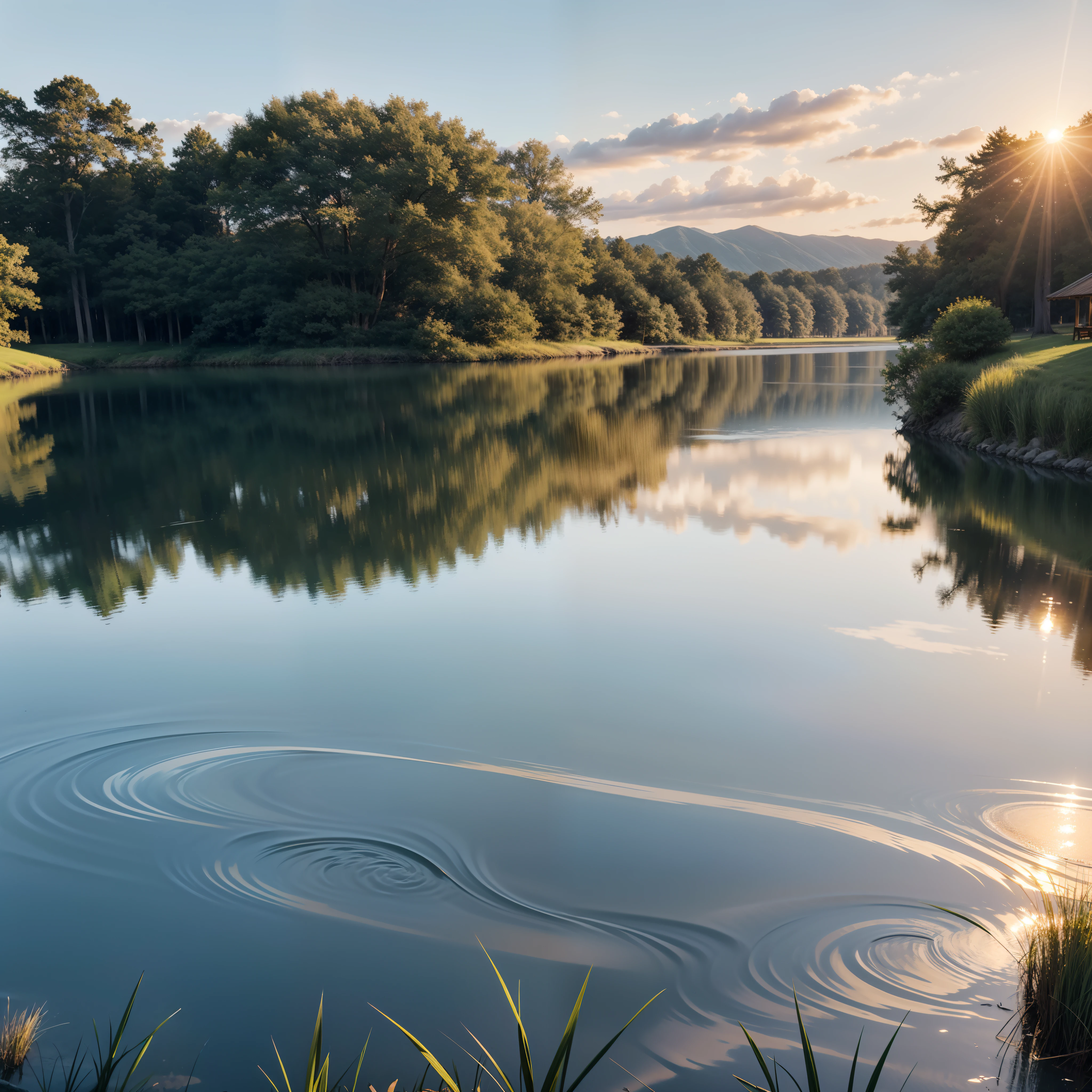 "Capture the serenity of a vintage era by painting a scene at sunset by a big lake. The sun's warm glow dances on the shimmering lake water, illuminating the tranquil setting. Long grass gently sways in the breeze beside the water, adding to the sense of calm. Focus on the intricate details of the water's reflection and the nostalgic charm of the surroundings."