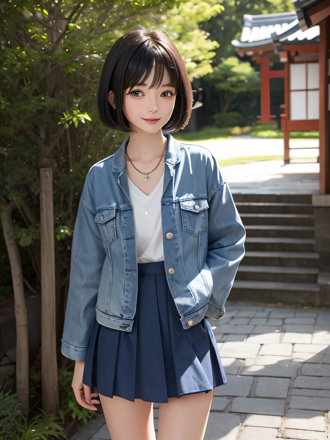 Beautiful Japan woman smiling、Balanced eyes、 (Best Quality Detail:1.2)、realisitic、14K High Resolution、The ultra-detailliert、High quality textures、intricate detailes、Very detailed CG、High Quality Shadows、Detail Beautiful delicate face、(Detail Beautiful delicate eyes:1.32)、depth of fields、Ray traching、(A Beautiful 25 Year Old Cute Japanese Lady:1)、tiny chest、tall_female、beautiful_legs、 gloweyes、Perfect petite body、skiny、 Blurry outdoor background、Blue nifty denim jacket and skirt, bob cut hair, Cozy living room, sunlights, is standing, 耳Nipple Ring,a necklace, modeled, look at viewr, dynamicposes, facing front、Put your hands in your pockets