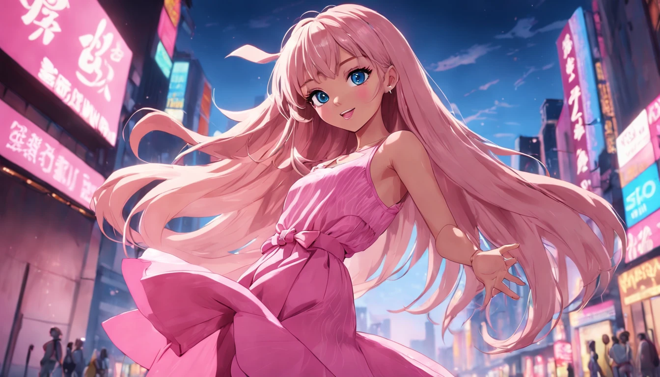 Barbie, ((full bodyesbian)), Blue eyes, Smiling face, Loose hair is blown by the wind, Hip hop artist pose, Dress in hip-hop style, Wear it with a pink T-shirt, ((Hand modern microphone)), He wears a pink bow on his arm, Fashion, Extremely high quality, High details, 8K, 64k, Clean background, In the studio, ((Full body shot)),