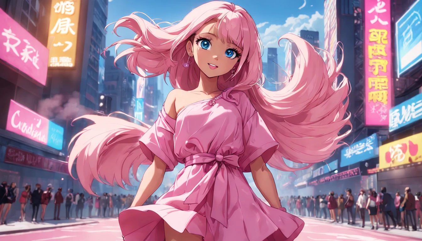 Barbie, ((full bodyesbian)), Blue eyes, Smiling face, Loose hair is blown by the wind, Hip hop artist pose, Dress in hip-hop style, Wear it with a pink T-shirt, ((Hand modern microphone)), He wears a pink bow on his arm, Fashion, Extremely high quality, High details, 8K, 64k, Clean background, In the studio, ((Full body shot)),