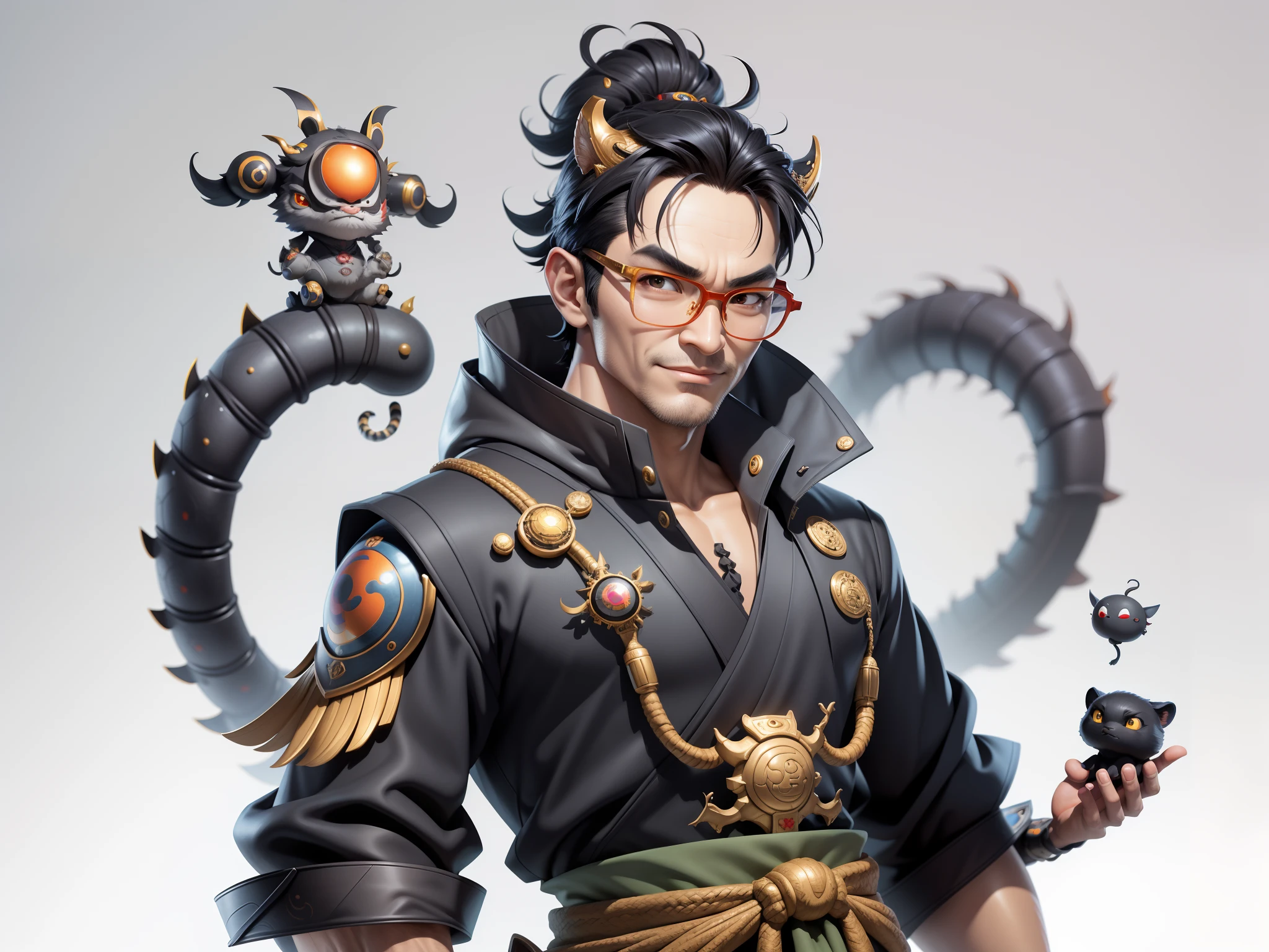 (Masterpiece), (Excellent), (Super Meticulous), (Full Body: 1.2), Super Young Man with Japanese Female Geisha, Pretty, Beautiful, Chinese Dragon, Tiger, Wind God Thor, Sexy, Bursting, Oriental Face, TV Anchor, Bust Portrait Illustration, Black Suit, Blue Tie, Slightly Chubby Face, Silver Glasses, Very Clean Face, No Beard on Chin, Black Super Short Hair, Black Eyes, Confident Smile, 3c Computer Sub-Products, iPad, iPhone, Digital Painting, 3D character design by Mark Clairedon and Pixar and Hayao Miyazaki and Akira Toriyama, the illustrations are HD illustrations in 4K resolution with highly detailed facial features and cartoon-style visuals.