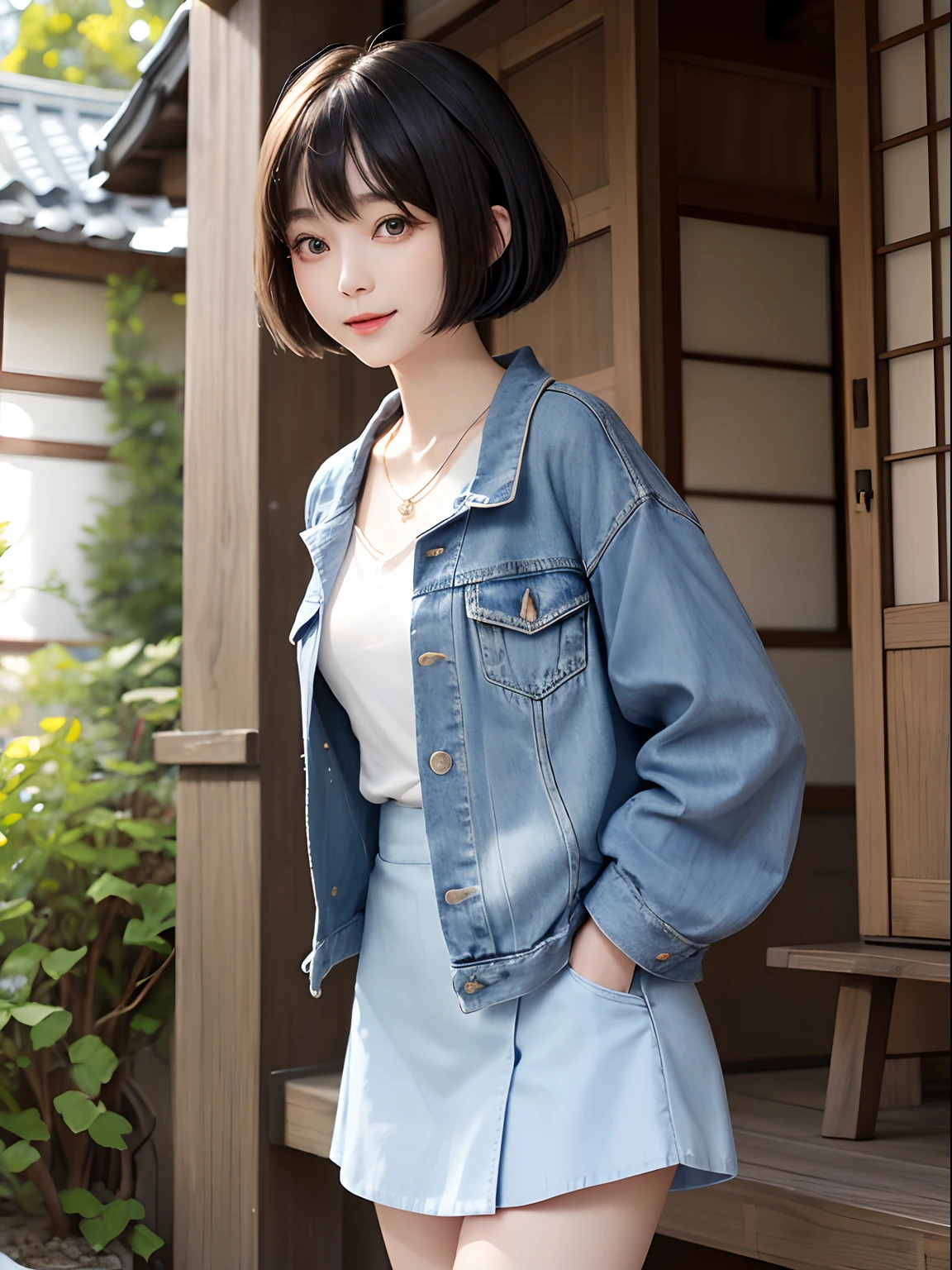 Beautiful Japan woman smiling、Balanced eyes、 (Best Quality Detail:1.2)、realisitic、14K High Resolution、The ultra-detailliert、High quality textures、intricate detailes、Very detailed CG、High Quality Shadows、Detail Beautiful delicate face、(Detail Beautiful delicate eyes:1.32)、depth of fields、Ray traching、(A Beautiful 25 Year Old Cute Japanese Lady:1)、tiny chest、tall_female、beautiful_legs、 gloweyes、Perfect petite body、skiny、 Blurry outdoor background、Blue nifty denim jacket and skirt, bob cut hair, Cozy living room, sunlights, is standing, 耳Nipple Ring,a necklace, modeled, look at viewr, dynamicposes, facing front、Put your hands in your pockets